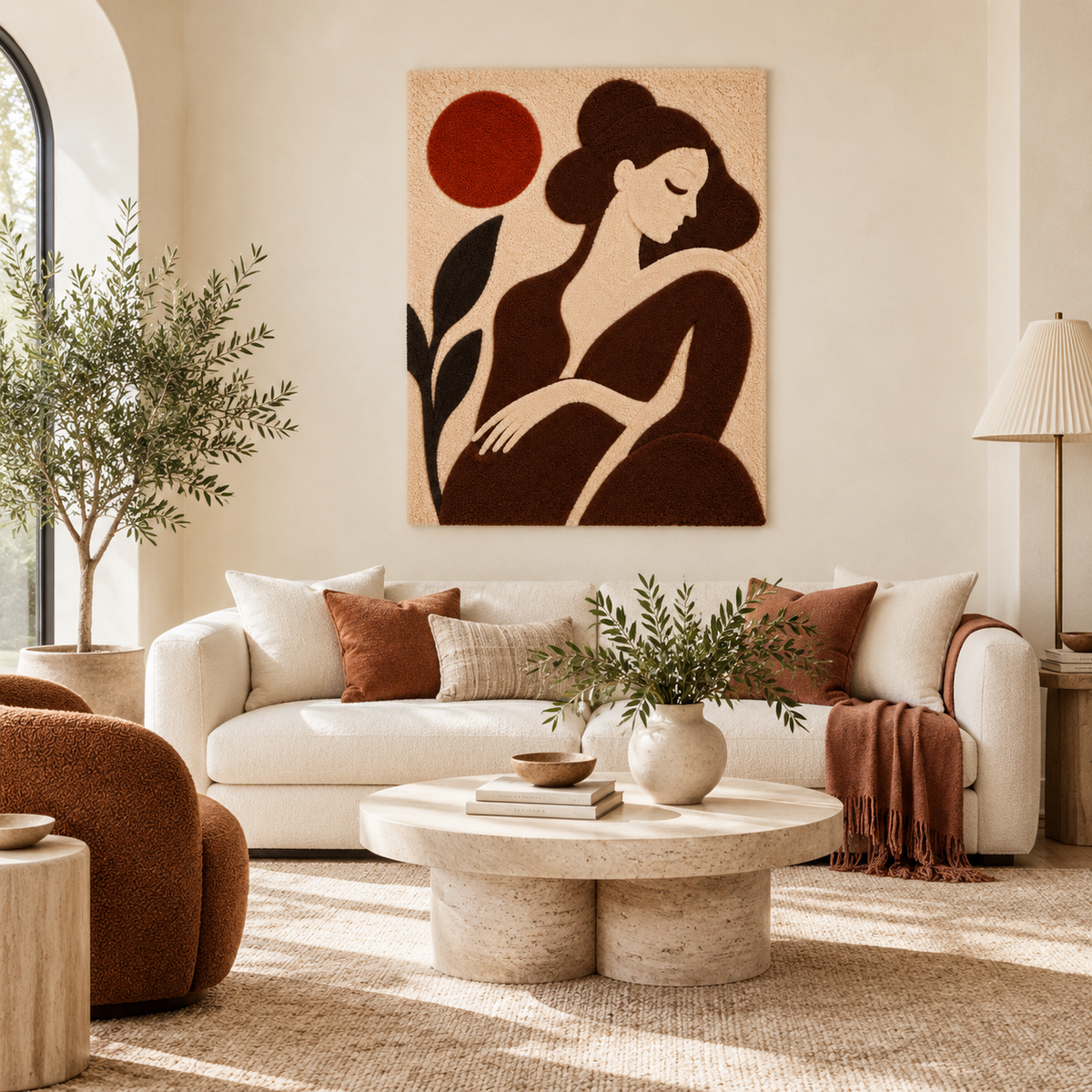 Wall art titled Quiet Woman Under a Rust Sun by Hewn Earth, depicting a serene woman scene with warm rust tones.