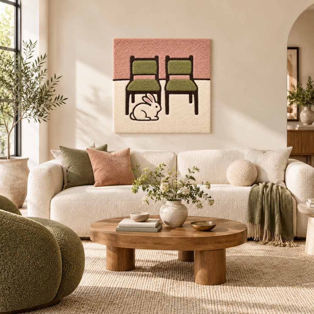 Rabbit Beneath the Green Chairs — front-facing room scene