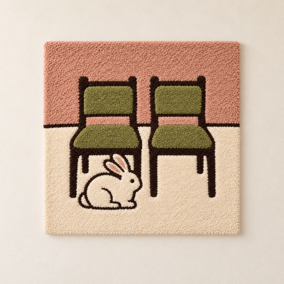 Hewn Earth wall art depicting a rabbit beneath green chairs, featuring detailed illustration and vibrant colors.
