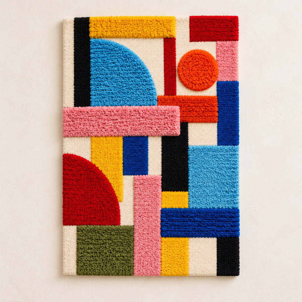Hewn Earth Rainbow Bauhaus Assembly wall art featuring colorful geometric shapes on a neutral background.