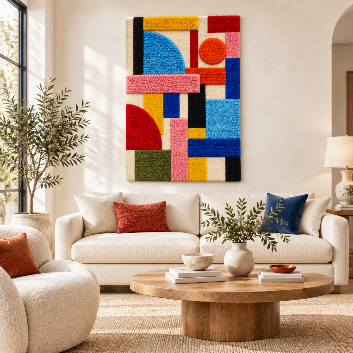 Hewn Earth Rainbow Bauhaus Assembly wall art featuring colorful geometric shapes arranged in a modern design.