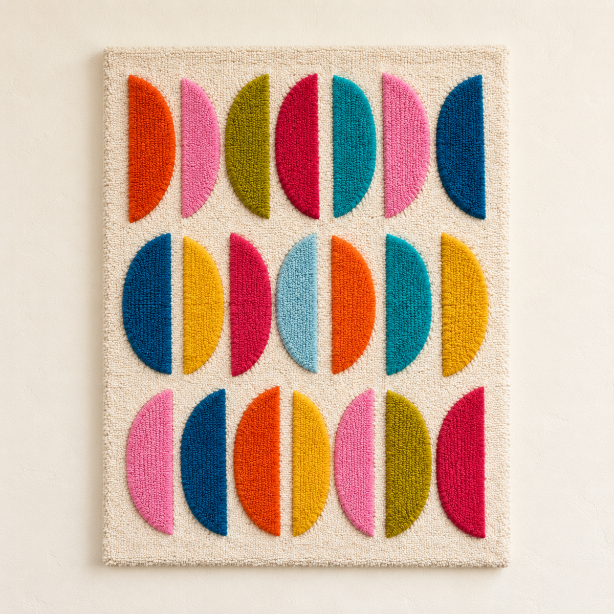 Hewn Earth rainbow half moon wall art with colorful curved rows on a white background for modern decor.