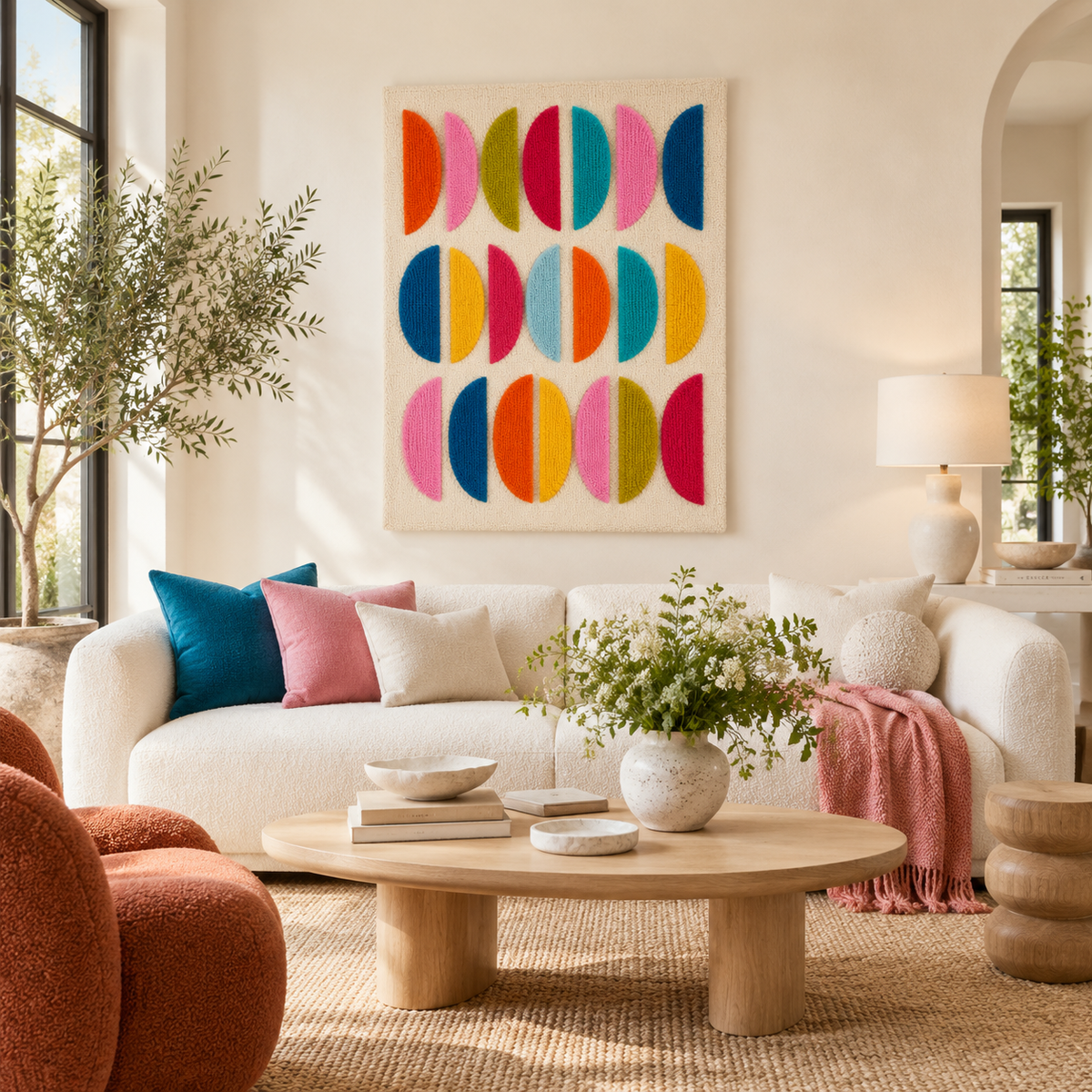 Colorful Rainbow Half Moon Rows wall art by Hewn Earth, featuring vibrant rainbow half moon shapes arranged in rows for a modern decor look.