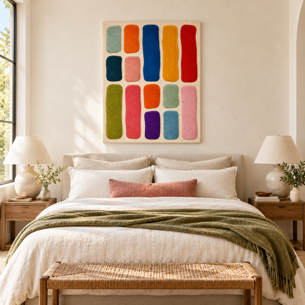 Hewn Earth Rainbow Rounded Bar Wall Art sampler with colorful curved wood pieces displayed in a modern room setting
