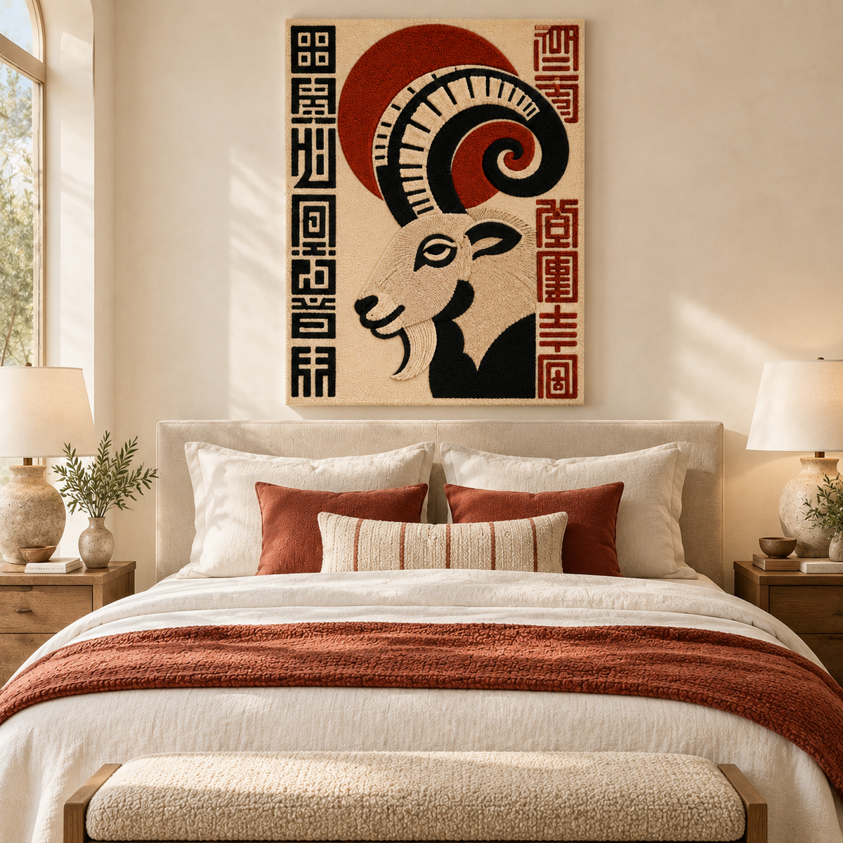 Wall art featuring a rust-colored ram and sun design by Hewn Earth, styled in a room scene with earthy tones.