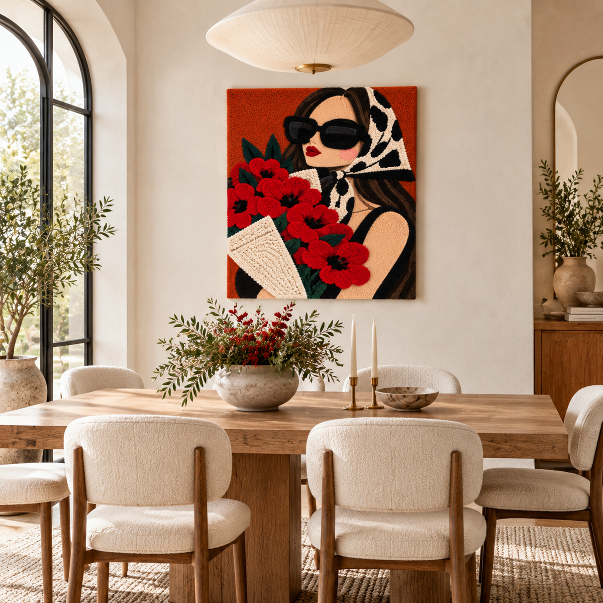 Wall art featuring a red bouquet and leopard scarf design by Hewn Earth, displayed in a stylish room scene.