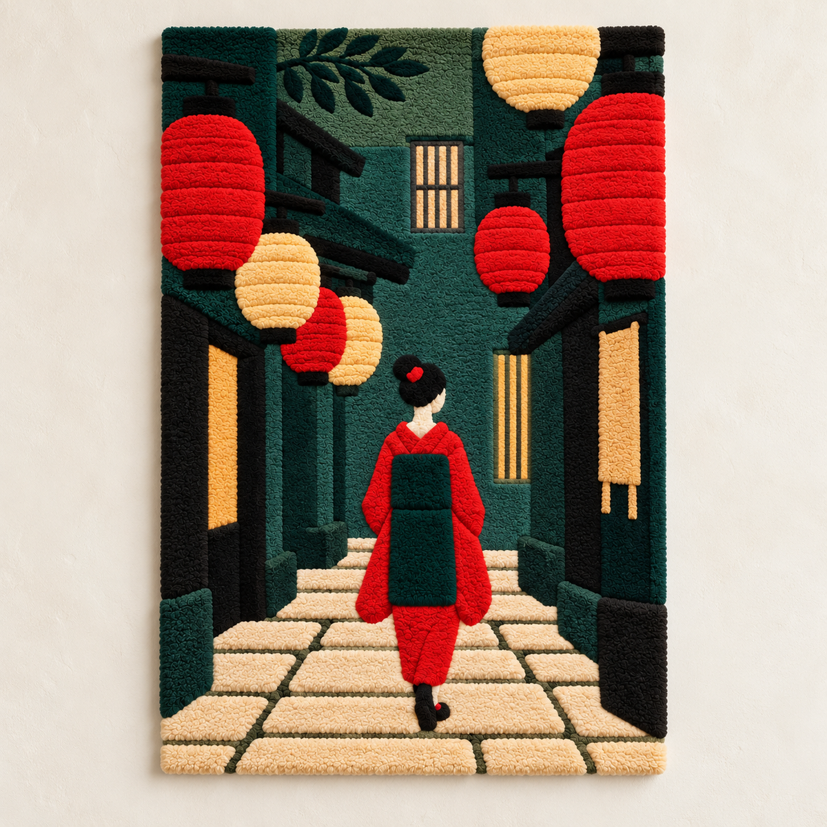 Hewn Earth Red Lantern Passage wall art featuring a vibrant red lantern scene with traditional Asian design elements.