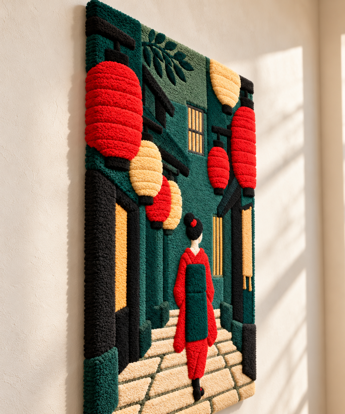 Hewn Earth Red Lantern Passage wall art featuring a vibrant red lantern scene depicted from an angled perspective.