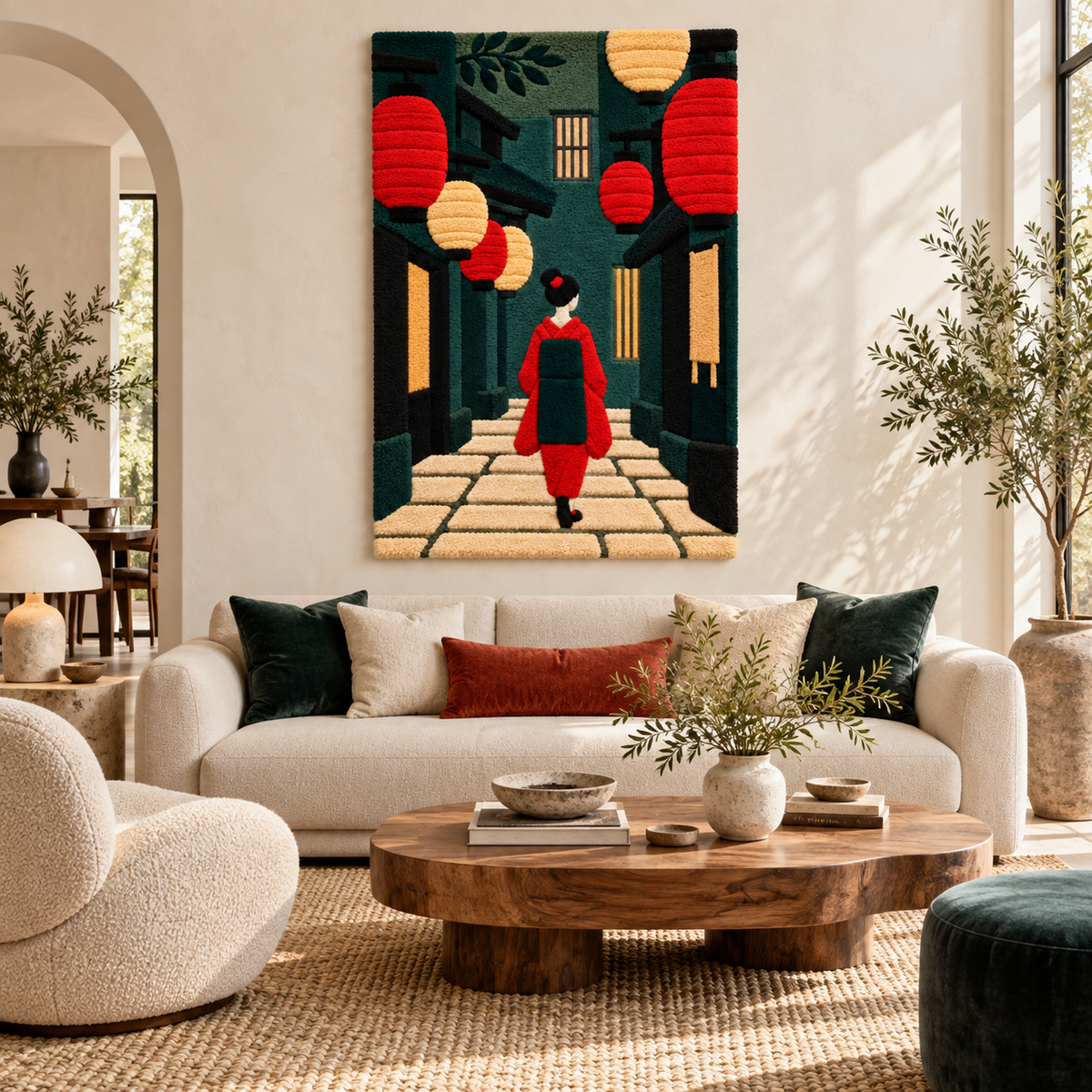 Hewn Earth Red Lantern Passage wall art featuring a vibrant red lantern scene, perfect for Asian-inspired interior decor.