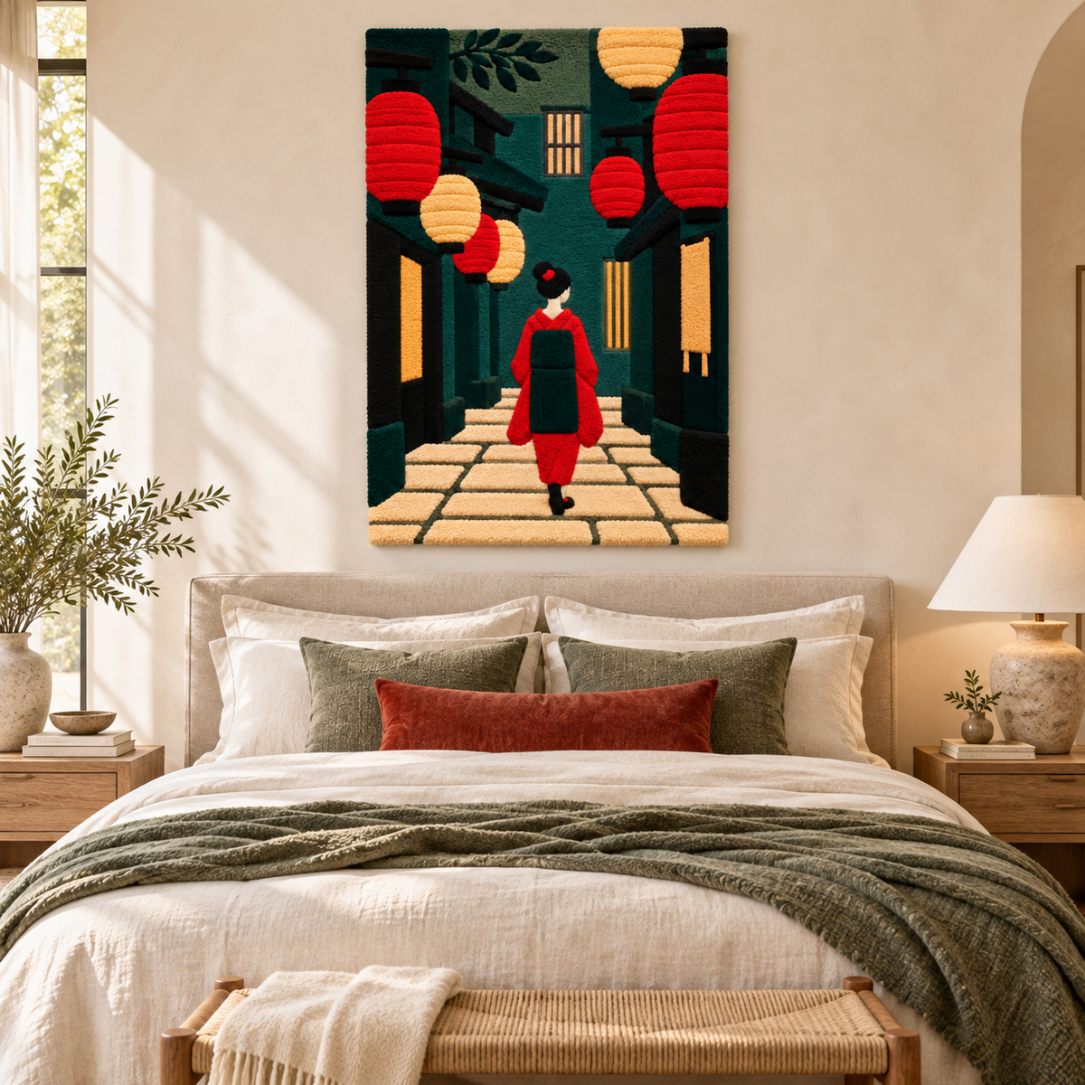 Hewn Earth Red Lantern Passage wall art featuring a vibrant red lantern hanging in a traditional passageway scene.