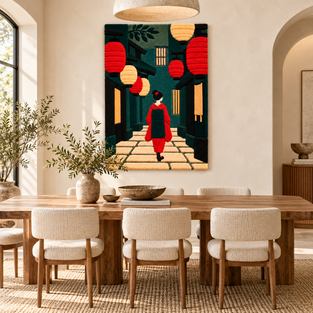 Hewn Earth Red Lantern Passage wall art featuring a vibrant red lantern scene, decorative wall decor for Asian-inspired interiors.