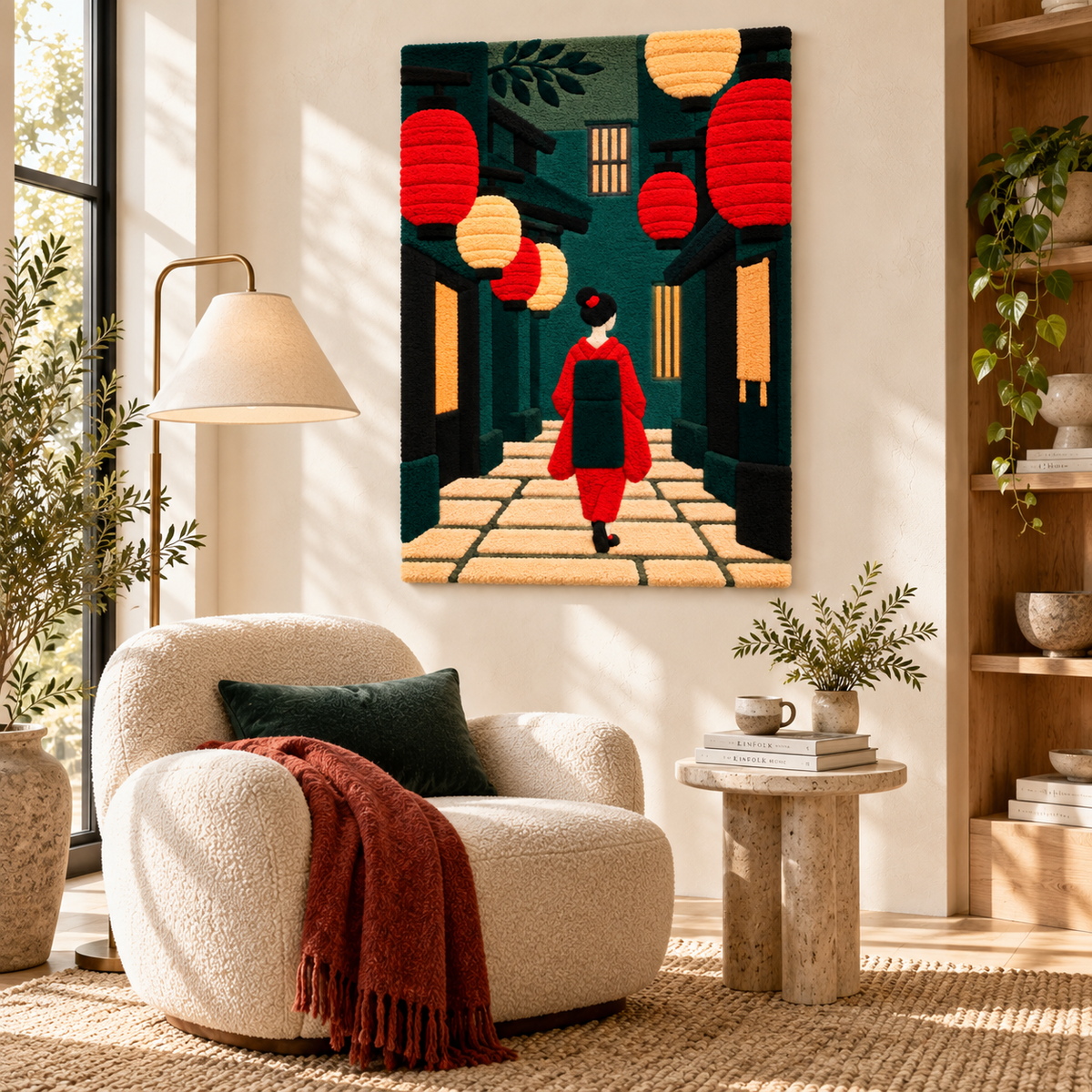Hewn Earth Red Lantern Passage wall art featuring a vibrant red lantern design, perfect for adding color to a room decor.