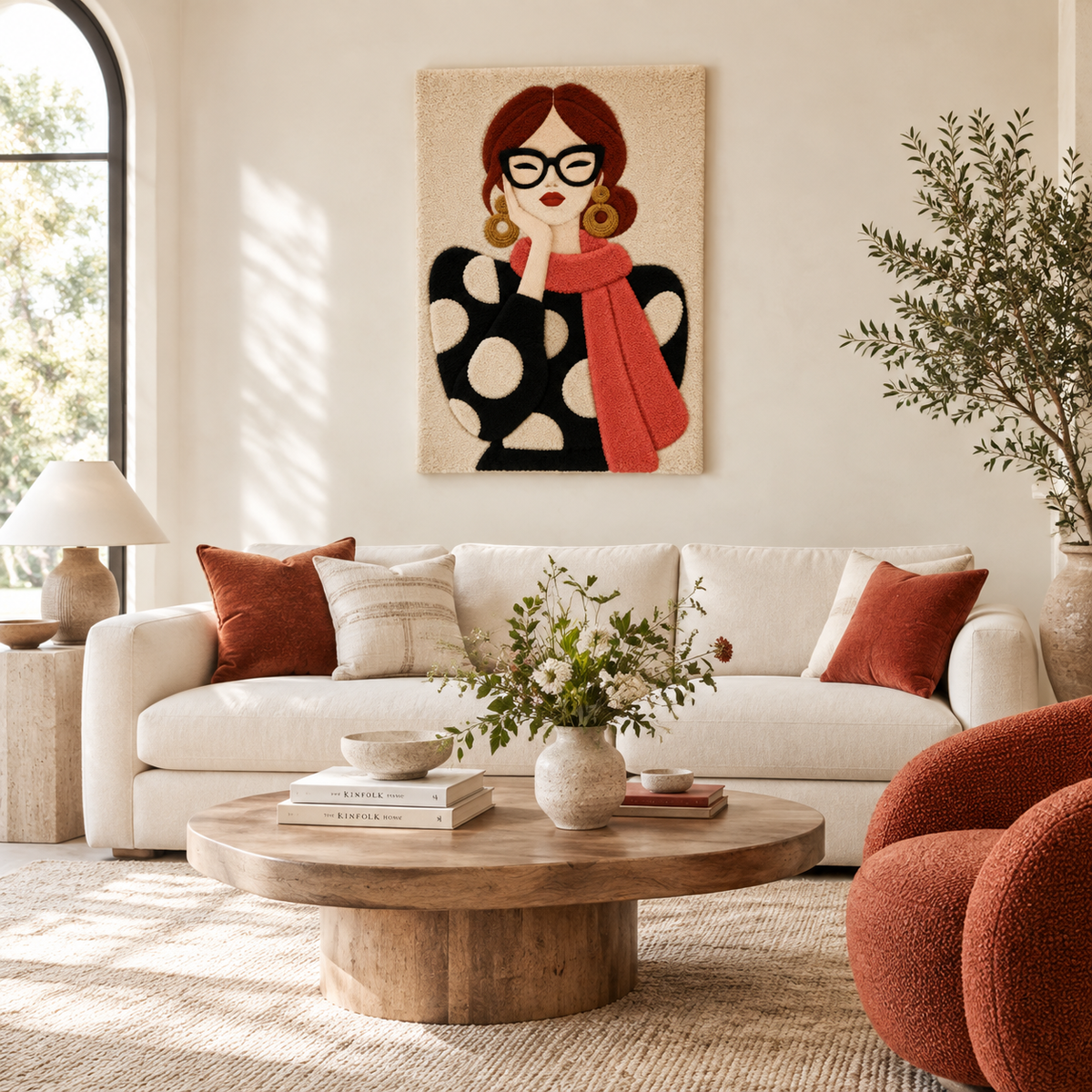 Hewn Earth wall art featuring a red scarf and polka reverie design, displayed on a room wall with a modern aesthetic.