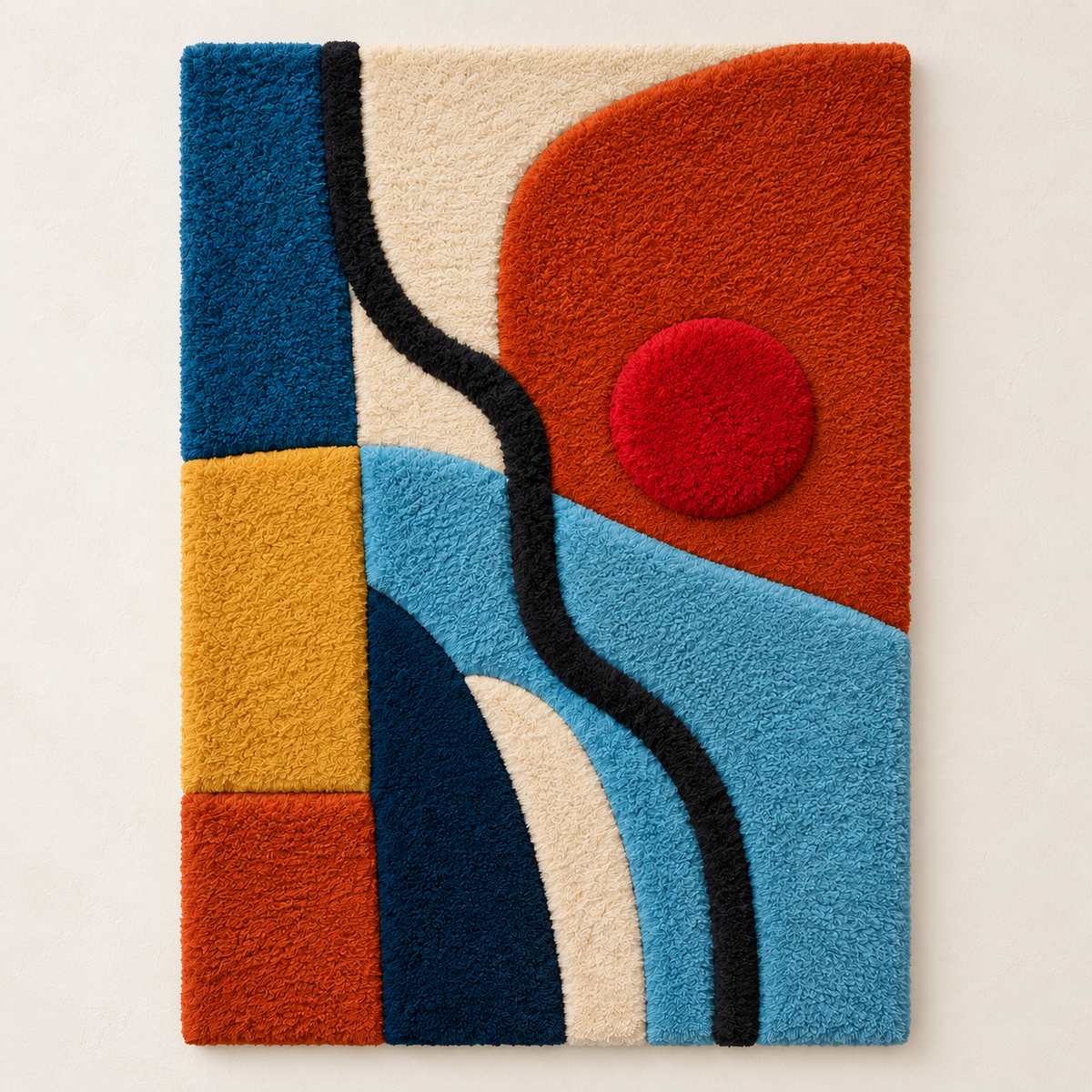 Red sun over blue water wall art by Hewn Earth, featuring vibrant colors and abstract ocean-inspired design.
