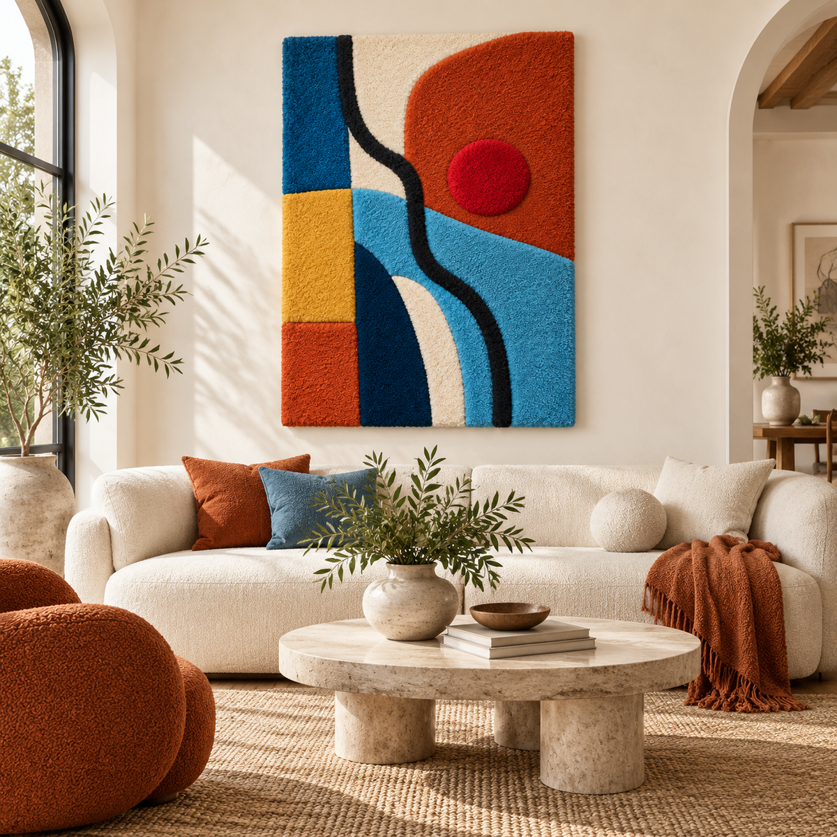 Hewn Earth wall art featuring a red sun over blue ocean waves, vibrant abstract design for modern home decor.