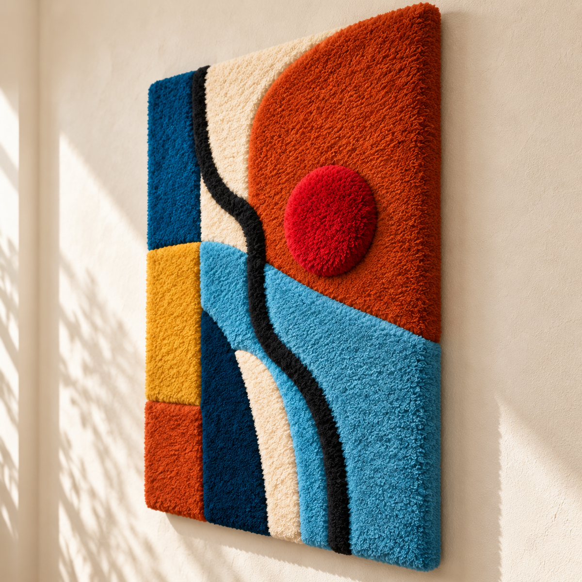 Red sun over blue water wall art by Hewn Earth, abstract landscape painting with vibrant red and blue hues.