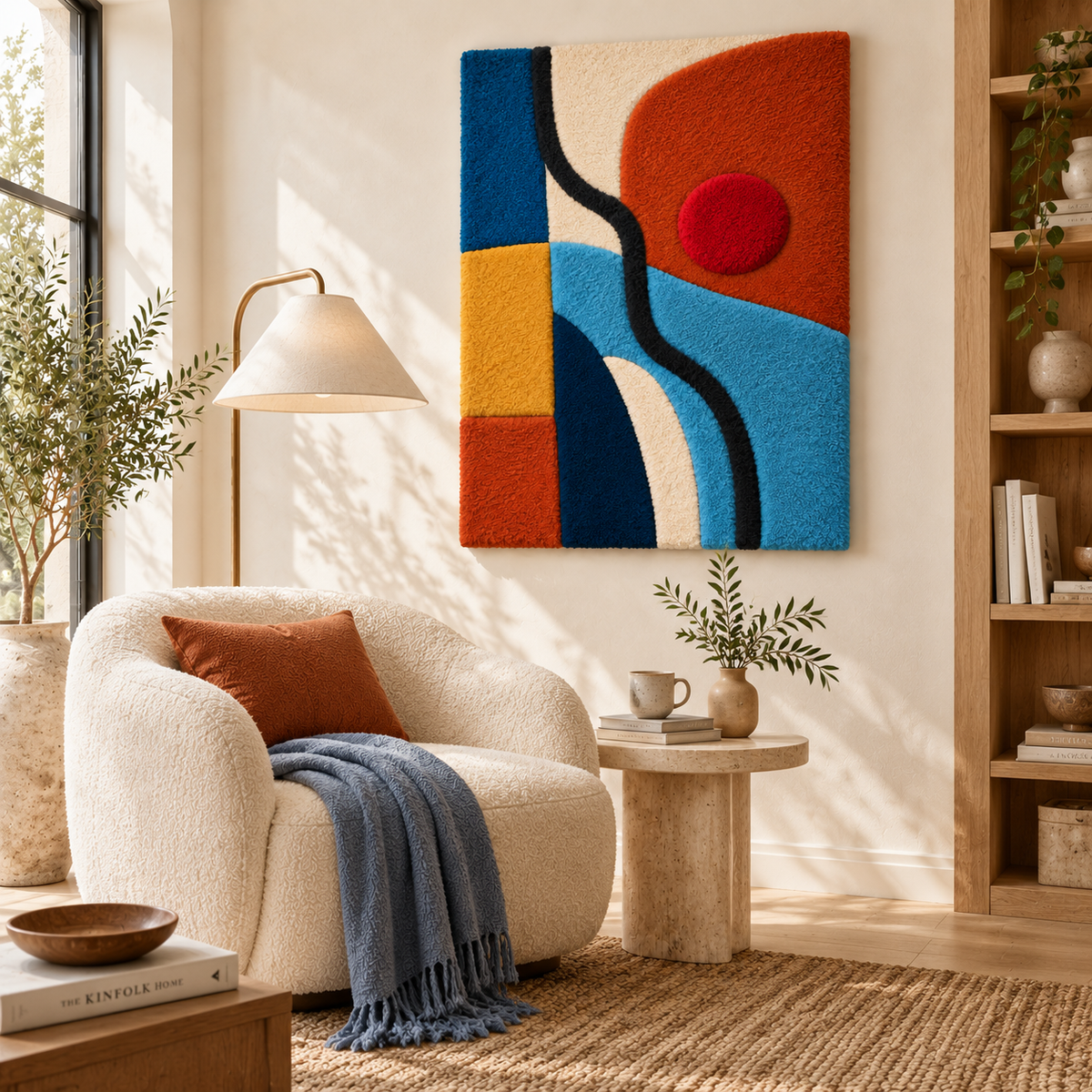 Hewn Earth wall art depicting a vibrant red sun over blue water scene in a modern room interior.