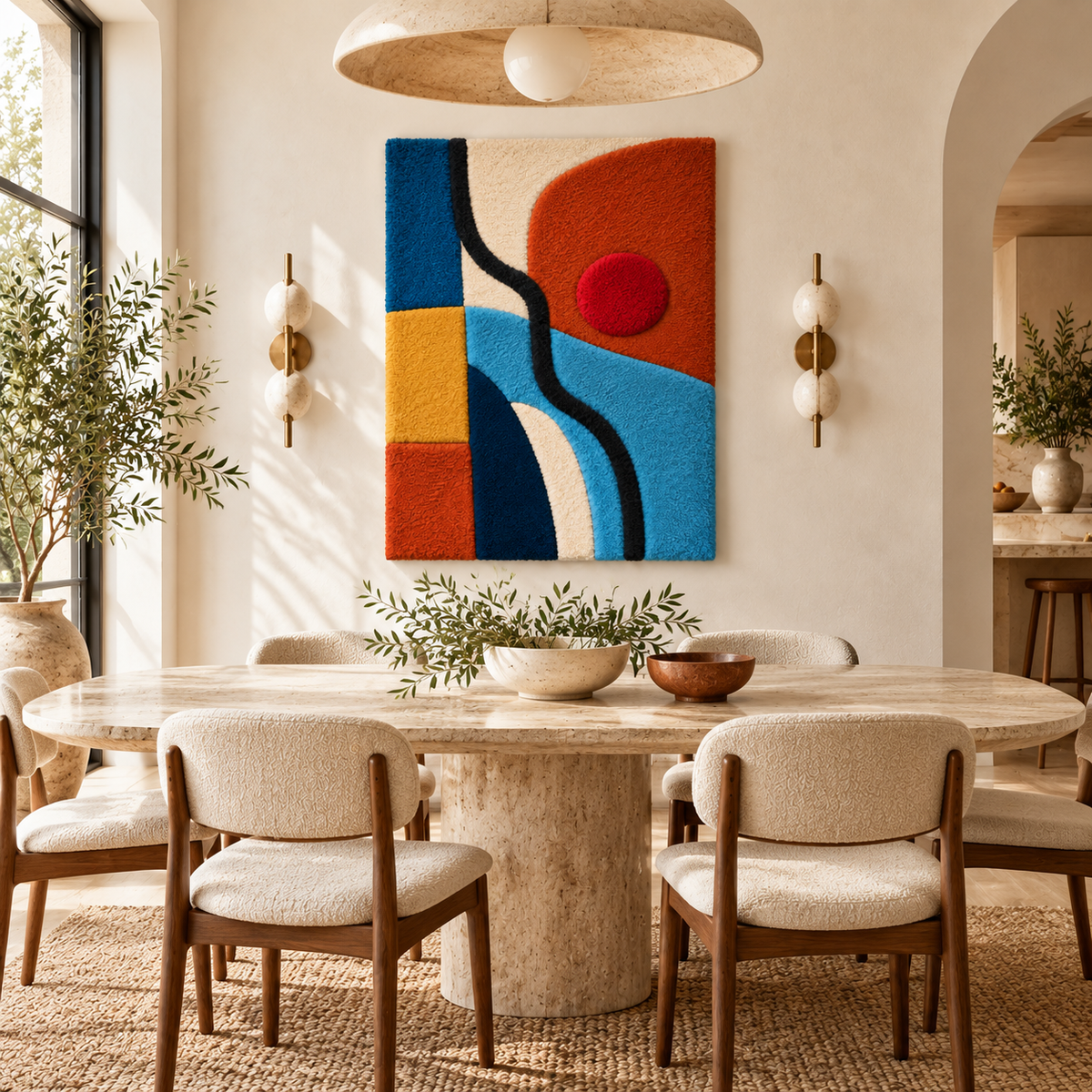 Hewn Earth wall art titled "Red Sun over Blue Current" featuring a vibrant red sun against a calming blue background in a room scene.