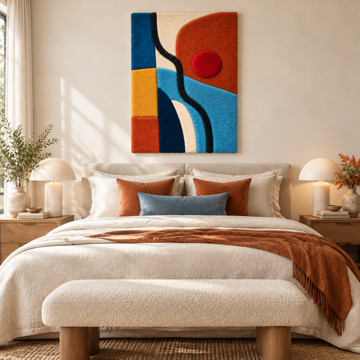 Hewn Earth wall art featuring a vibrant red sun over blue ocean currents in a modern room scene.