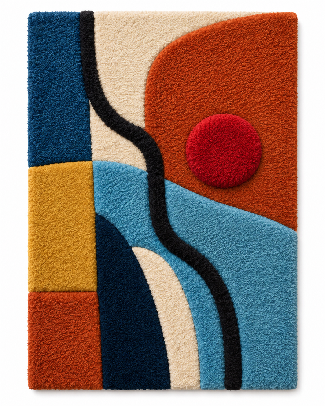 Hewn Earth wall art featuring a vibrant red sun over blue abstract currents, suitable for modern home decor.