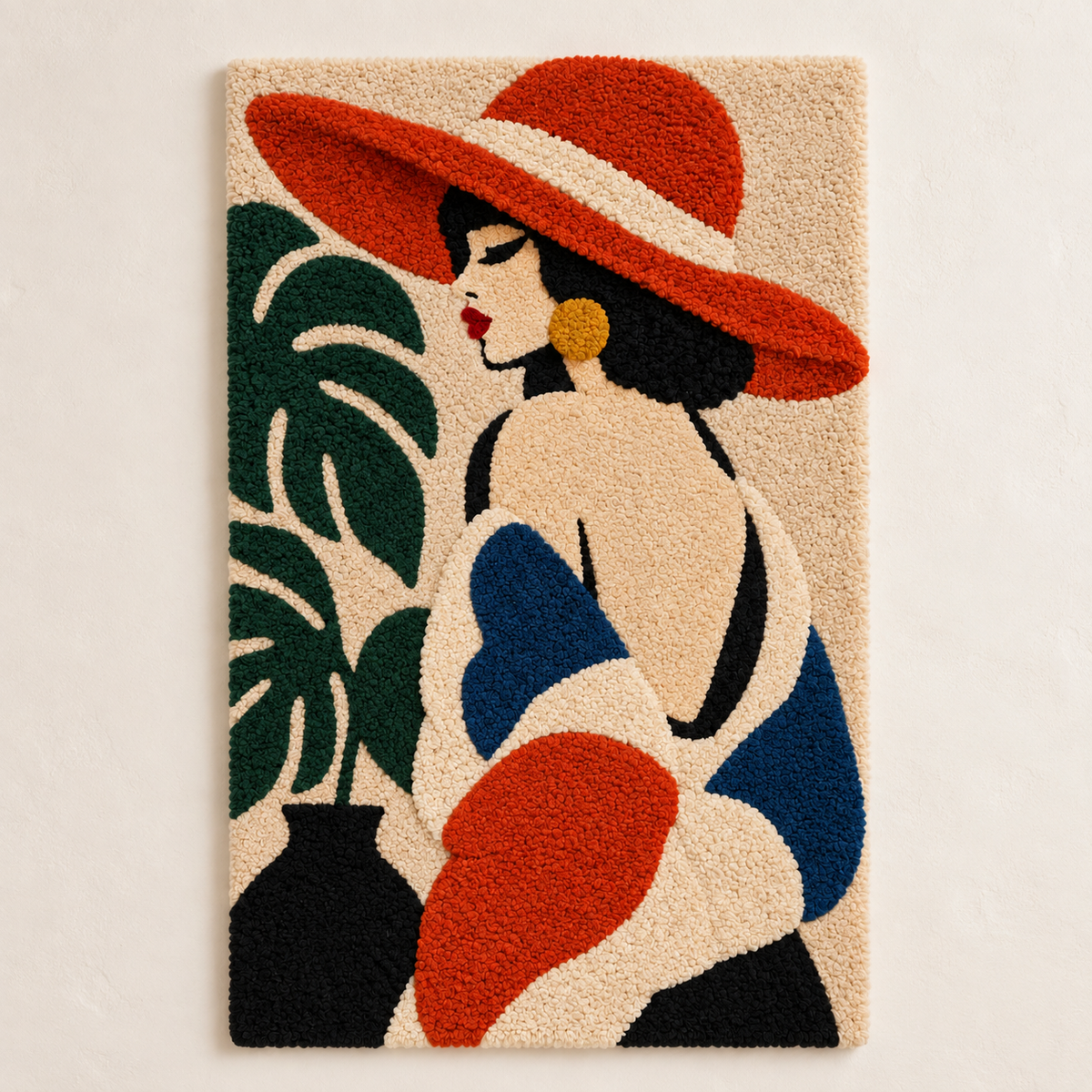 Hewn Earth wall art depicting a red sunhat among green leaves, vibrant and detailed botanical illustration.
