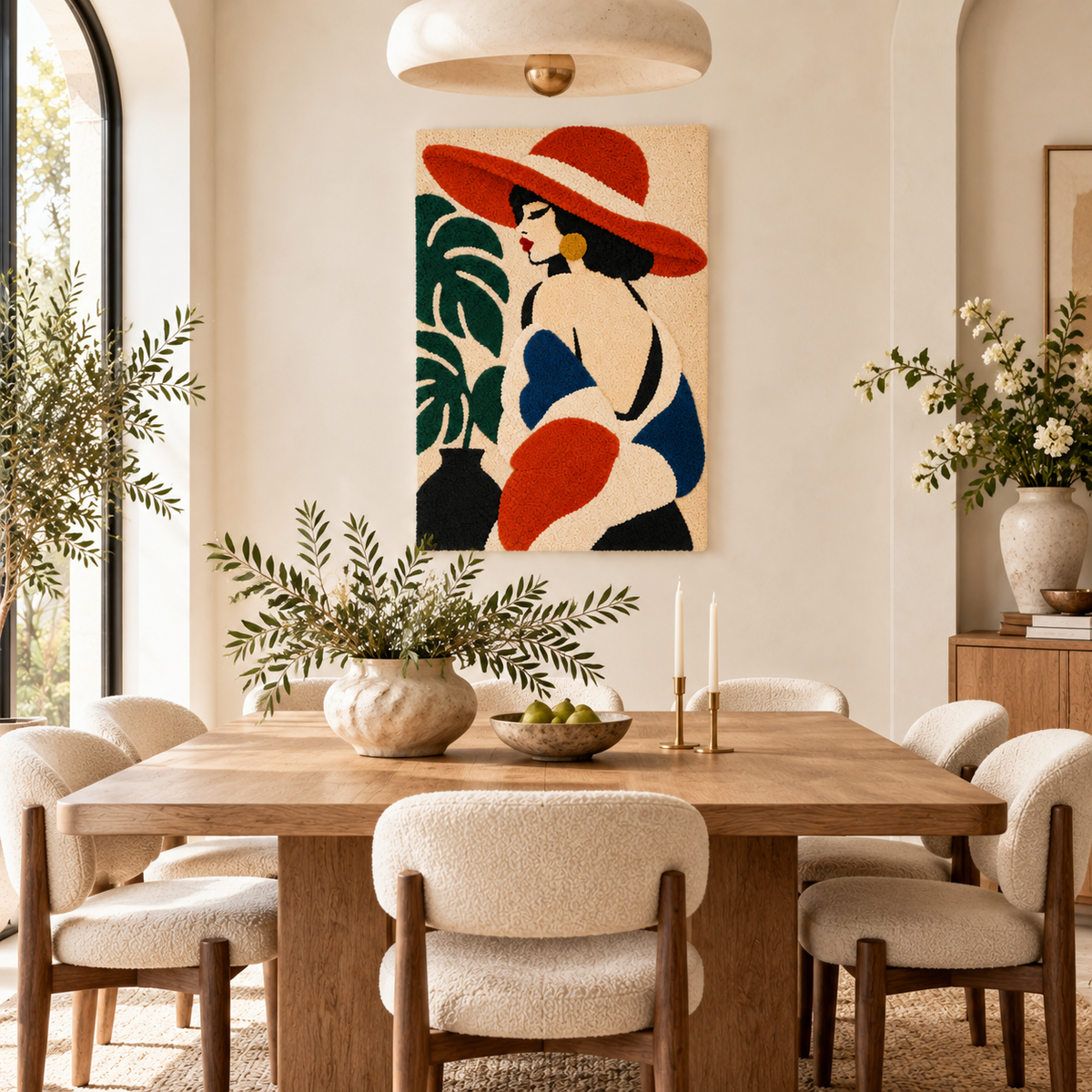 Red sunhat among green leaves wall art by Hewn Earth, vibrant botanical print for home decor.