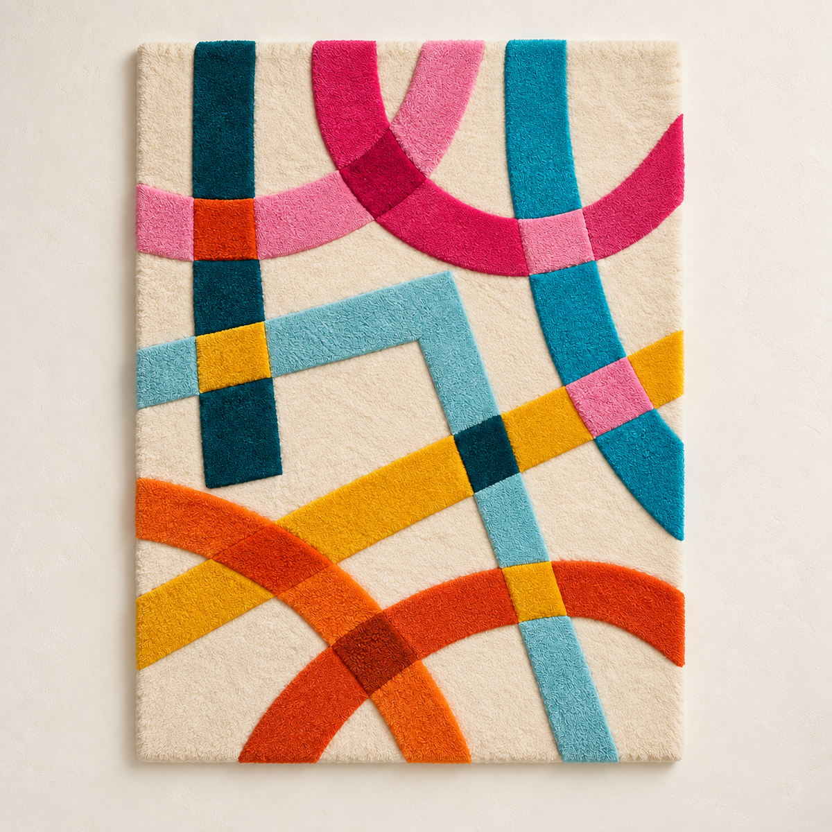 Hewn Earth wall art featuring intertwined coral and cyan ribbons in a flowing, abstract design.