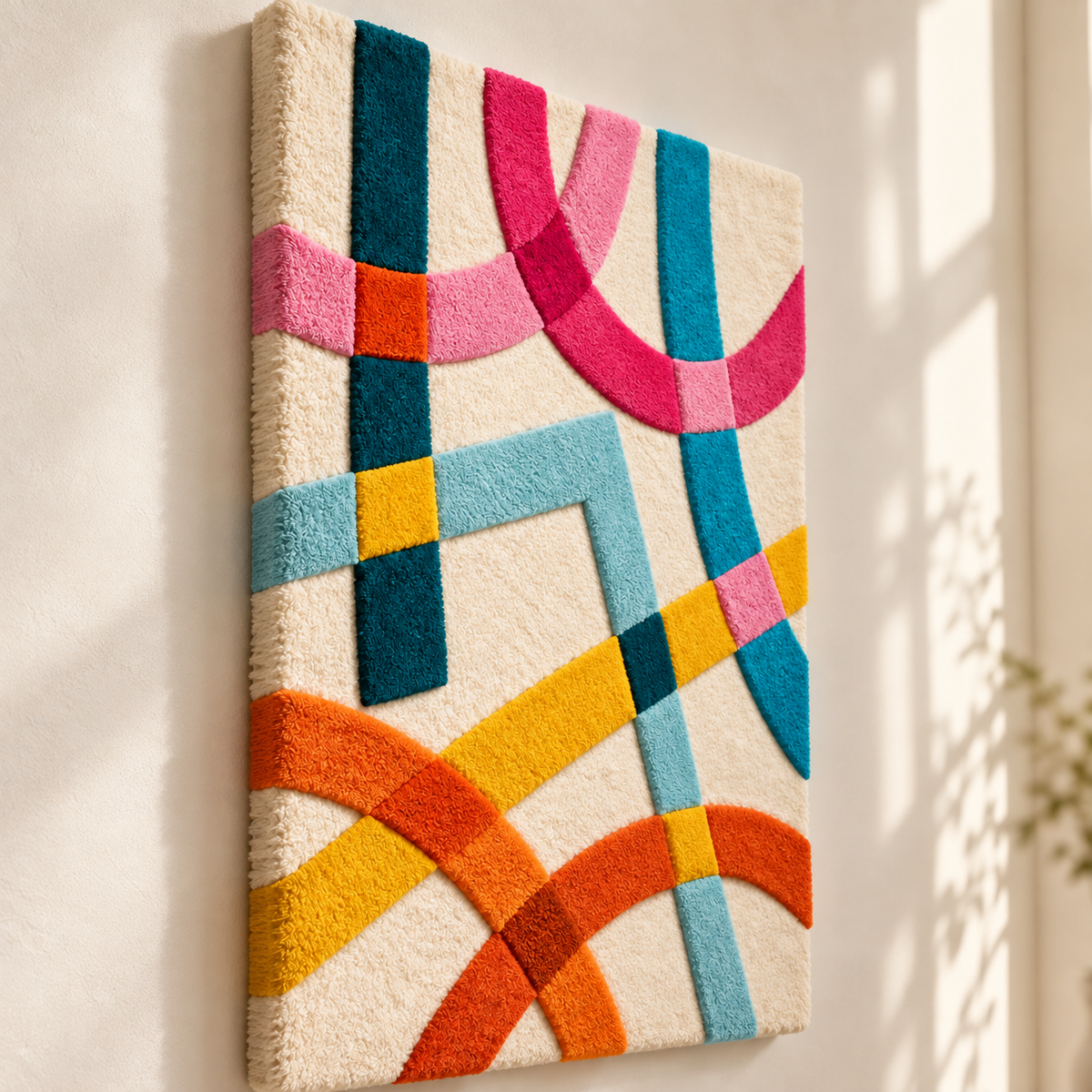 Hewn Earth wall art featuring coral and cyan ribbon crossing design, modern geometric wall decor with vibrant colors.