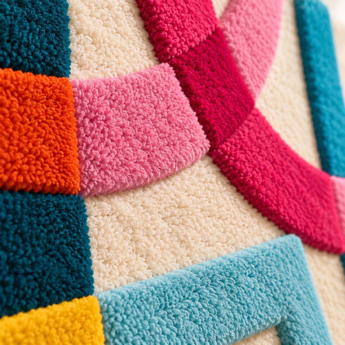 Close-up of Hewn Earth wall art featuring coral and cyan ribbon crossing with intricate details and vibrant colors.