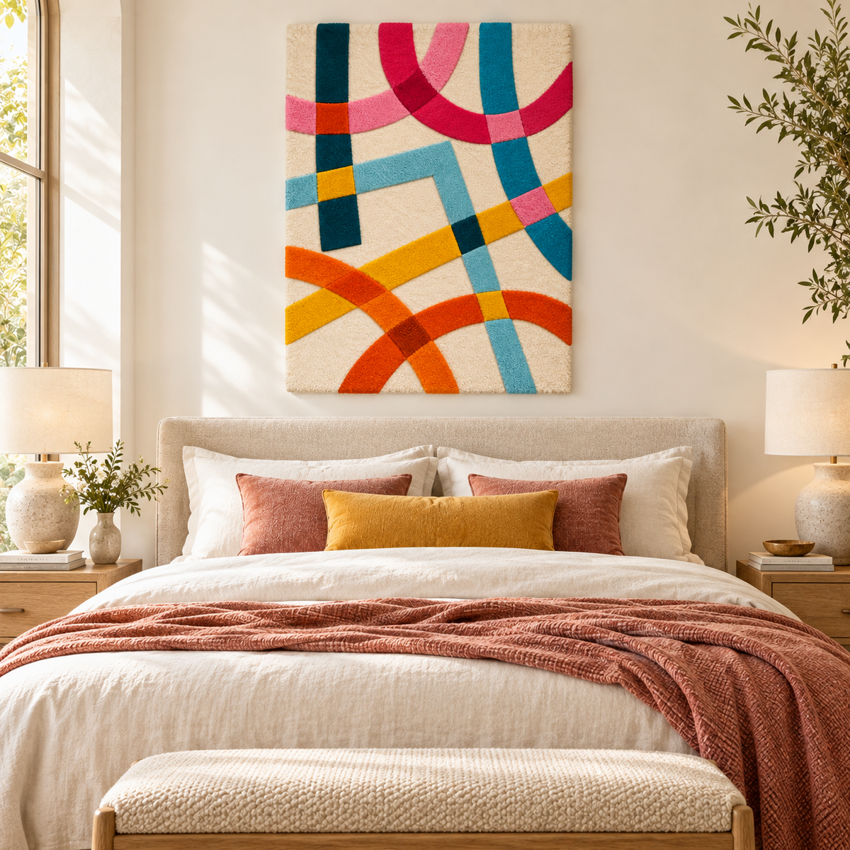 Hewn Earth wall art featuring coral and cyan ribbon crossing design, decorative abstract wall decor for modern interior spaces.