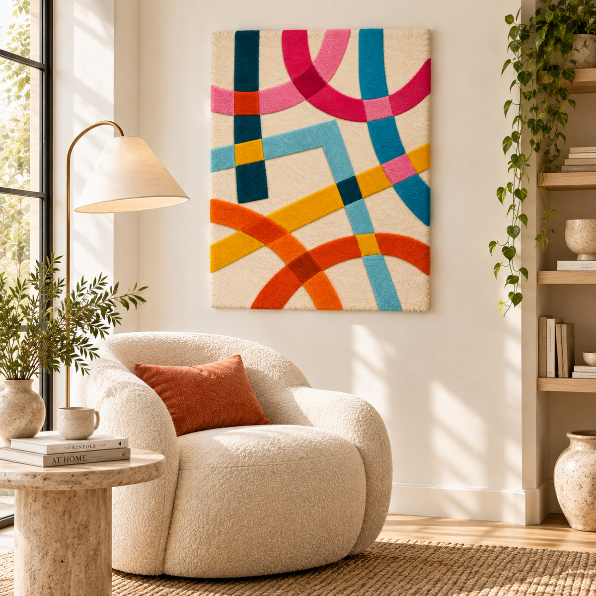 Hewn Earth wall art featuring intertwined coral and cyan ribbons creating a modern, abstract design for contemporary decor.