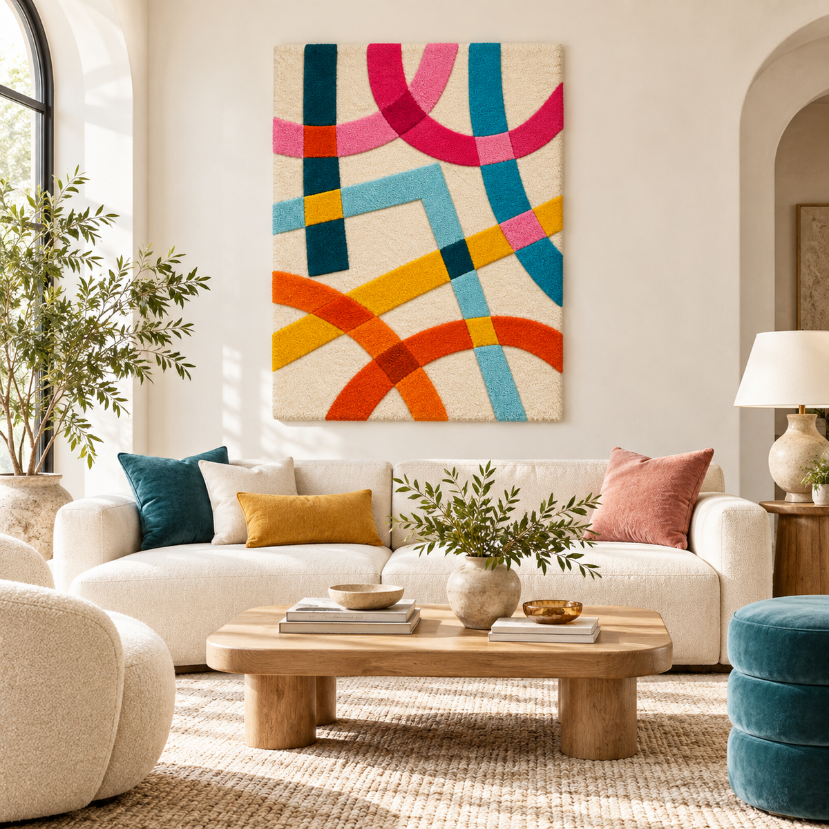 Hewn Earth wall art featuring colorful coral and cyan ribbon crossing design on a room wall.