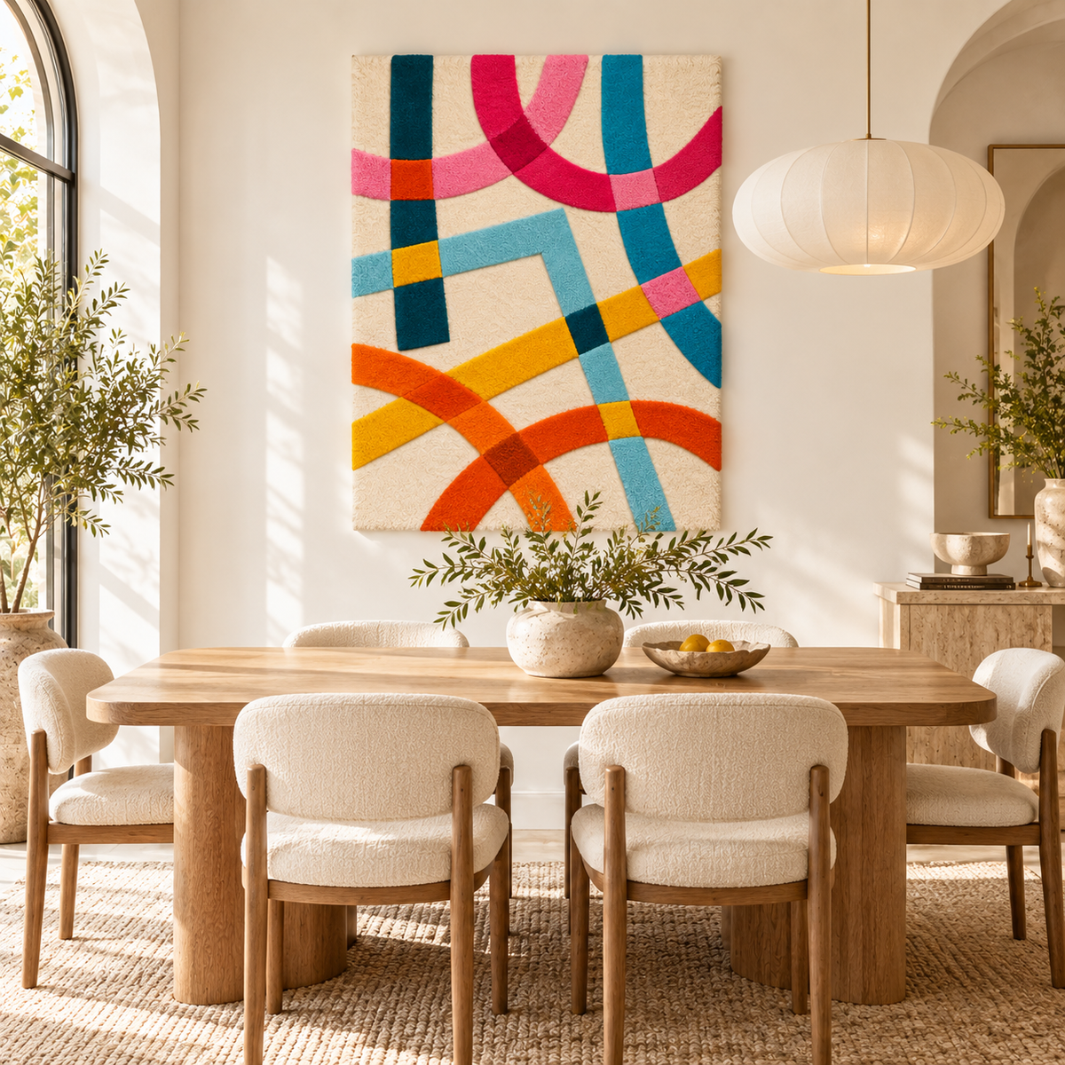 Hewn Earth wall art featuring a ribbon crossing in coral and cyan colors, displayed hanging on a modern room wall.