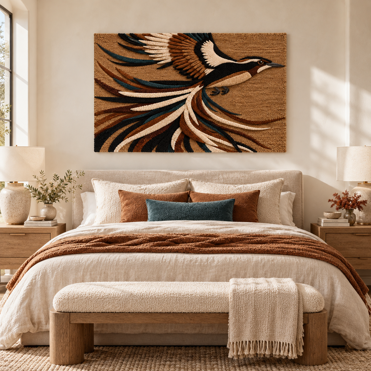 Hewn Earth ribbon tail in flight wall art featuring flowing, colorful ribbons displayed on a modern room wall.