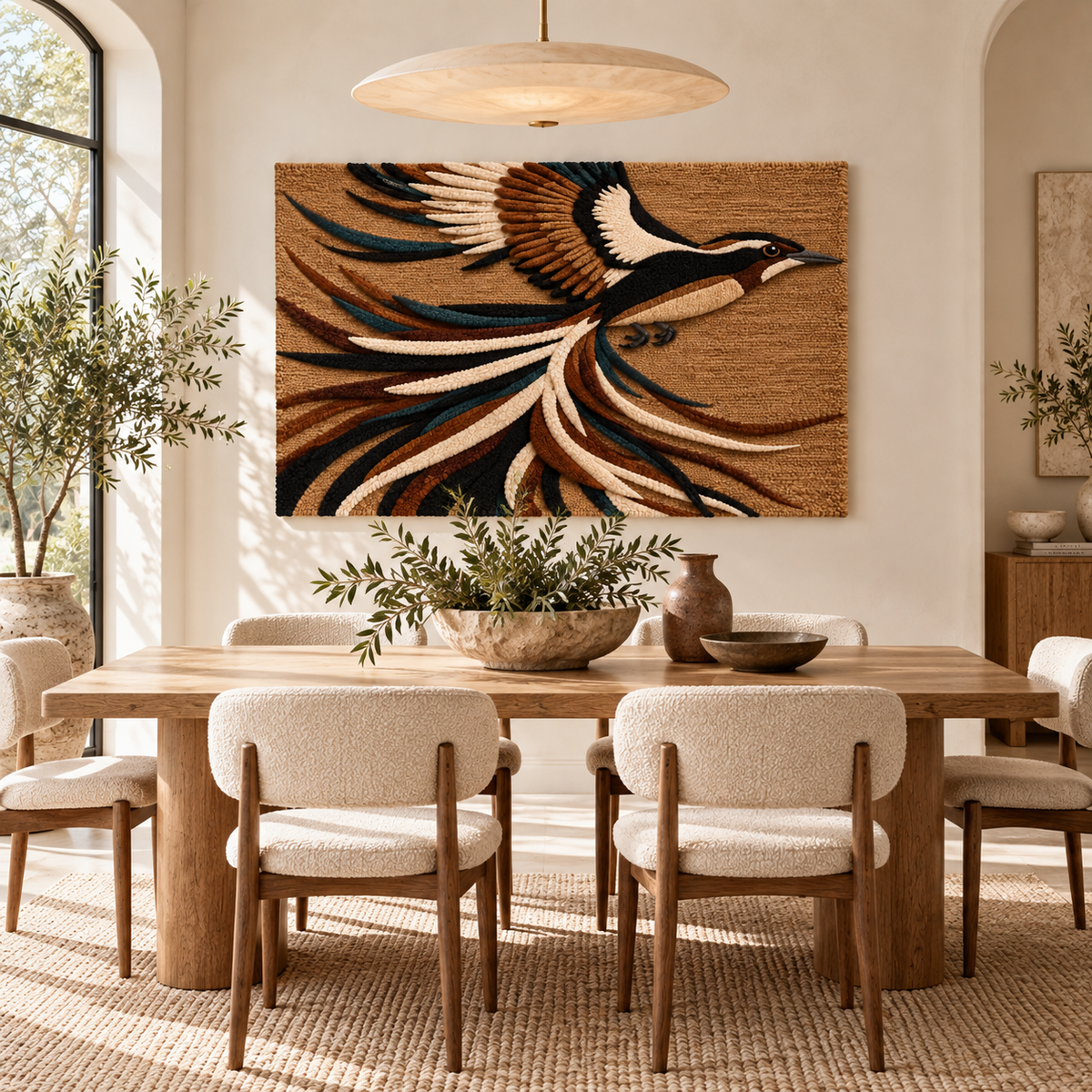 Hewn Earth Ribbon Tail in Flight wall art featuring colorful ribbon-like tail design displayed on room wall