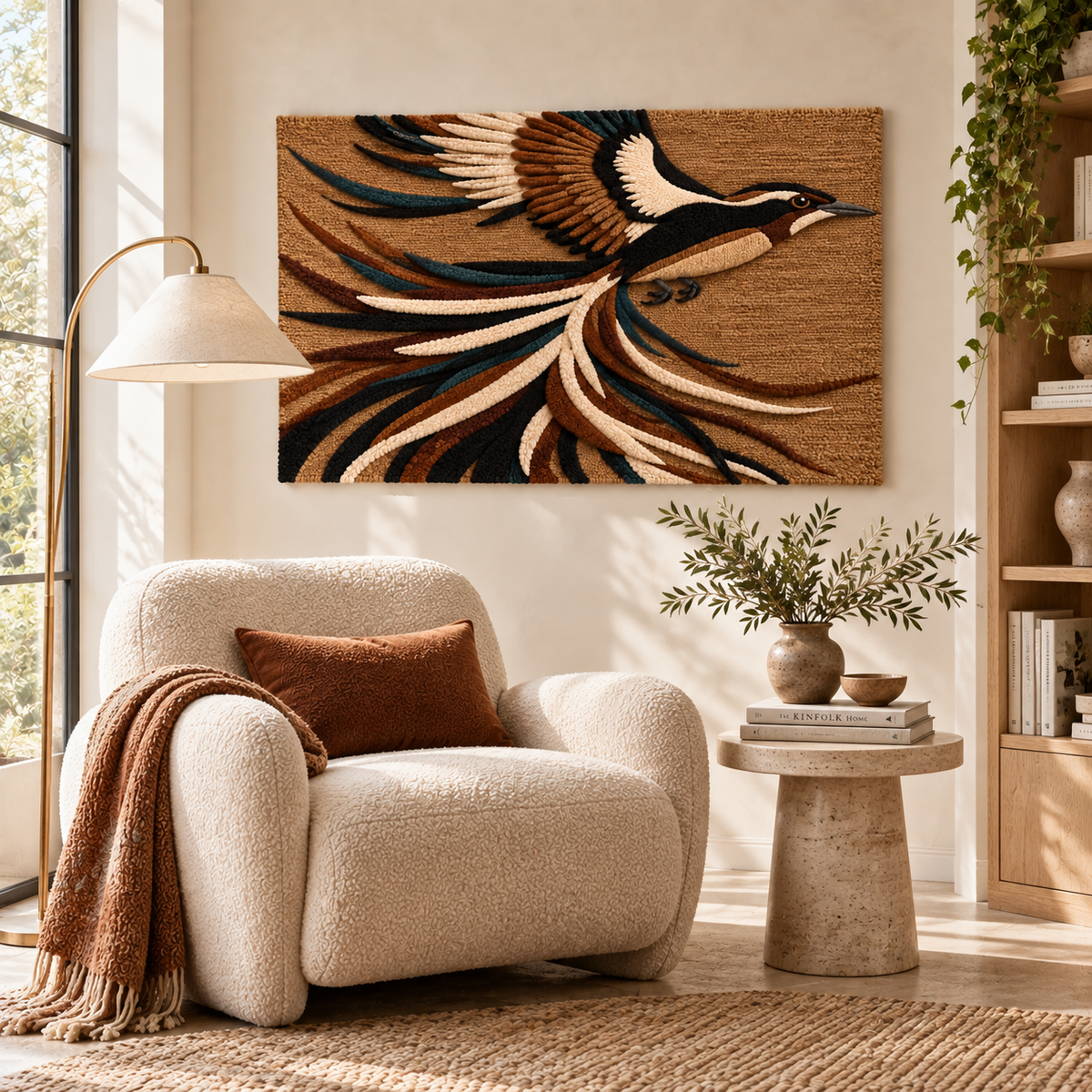 Hewn Earth Ribbon Tail in Flight wall art featuring a colorful ribbon tail design displayed in a modern room setting.