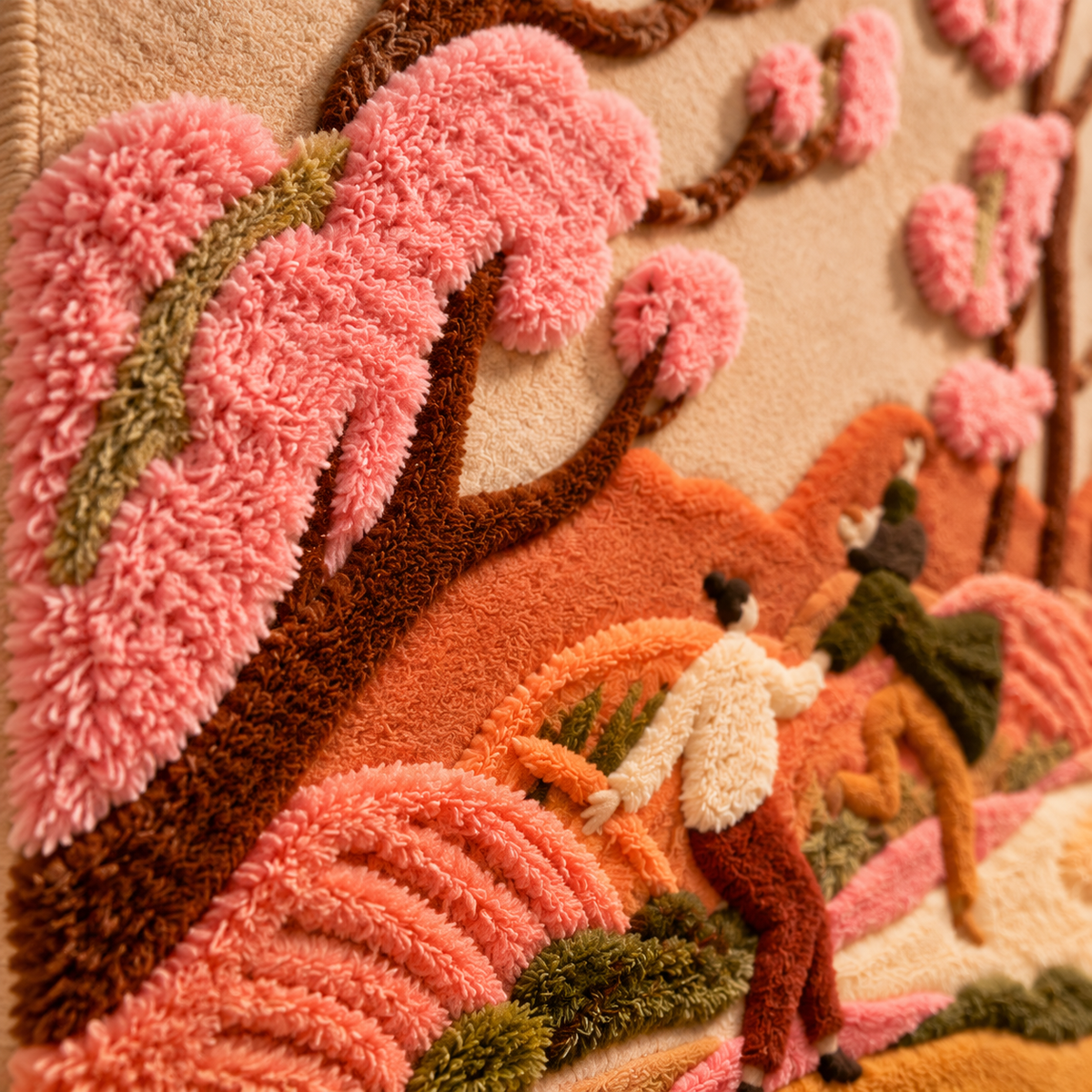 Riders Through Peach Blossom — tufted wool texture detail