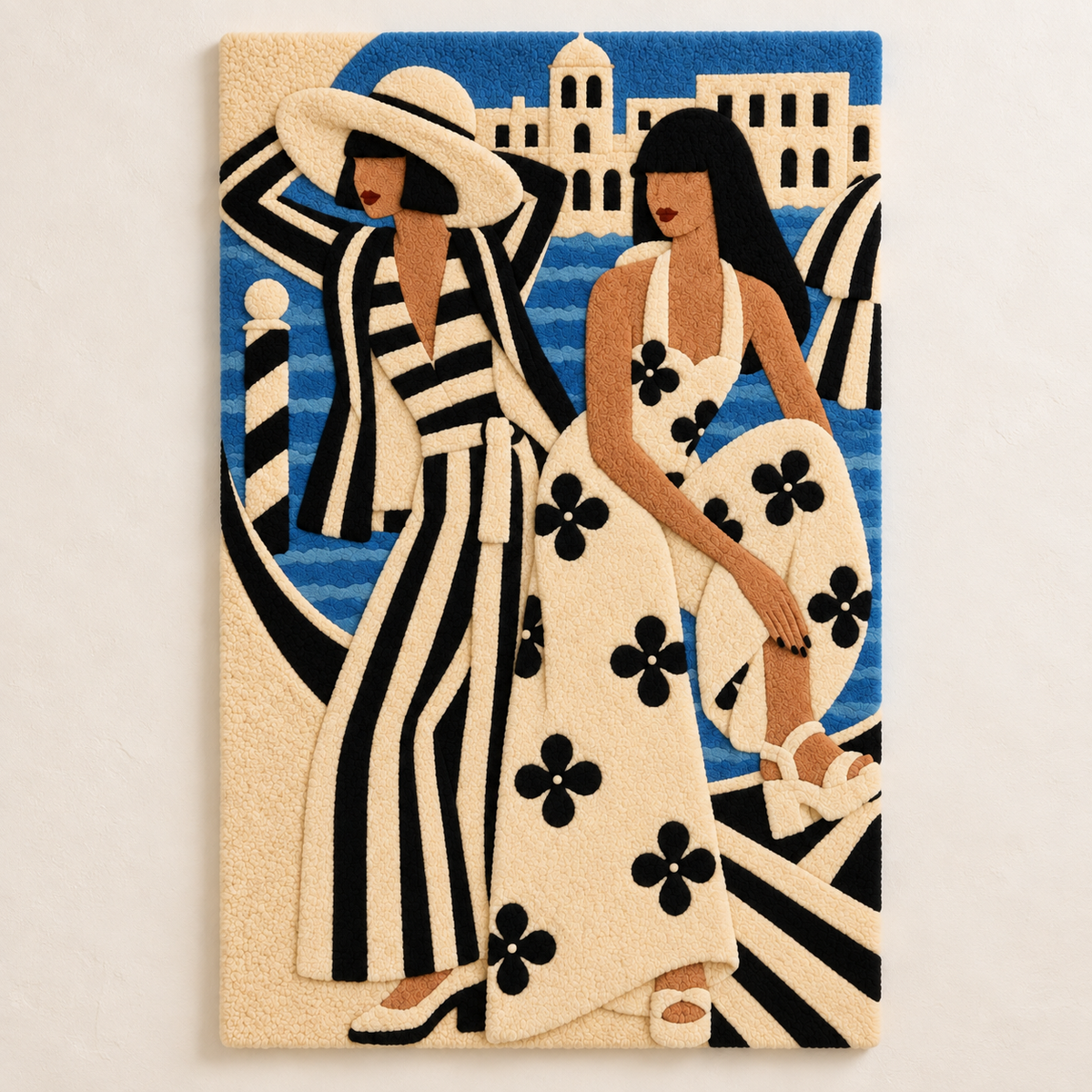 Hewn Earth Riviera Women in Blue and Ivory wall art featuring elegant women in vibrant blue and soft ivory tones.