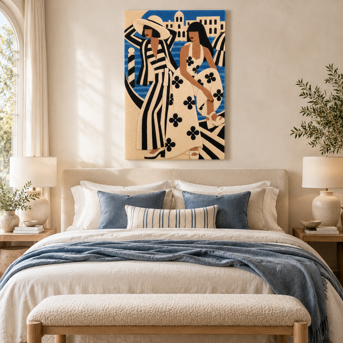 Hewn Earth Riviera wall art featuring women in blue and ivory, depicting a serene room scene with elegant decor.