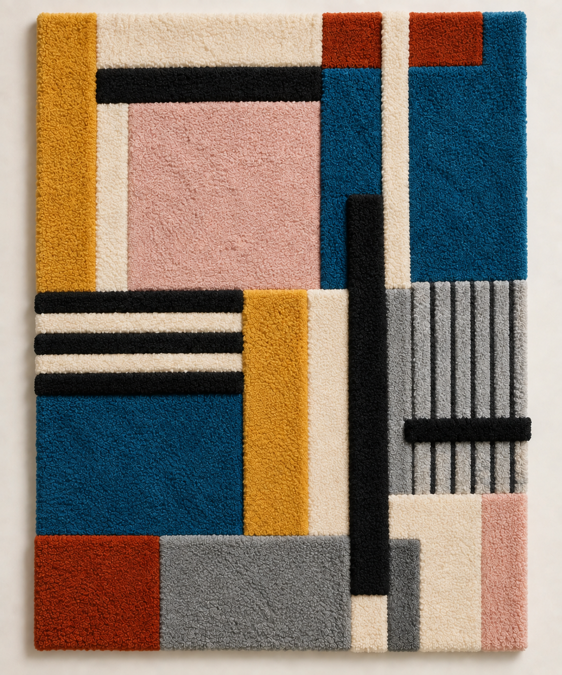 Hewn Earth rose and indigo architectural wall art blocks arranged in a modern geometric design, emphasize natural tones and textures.