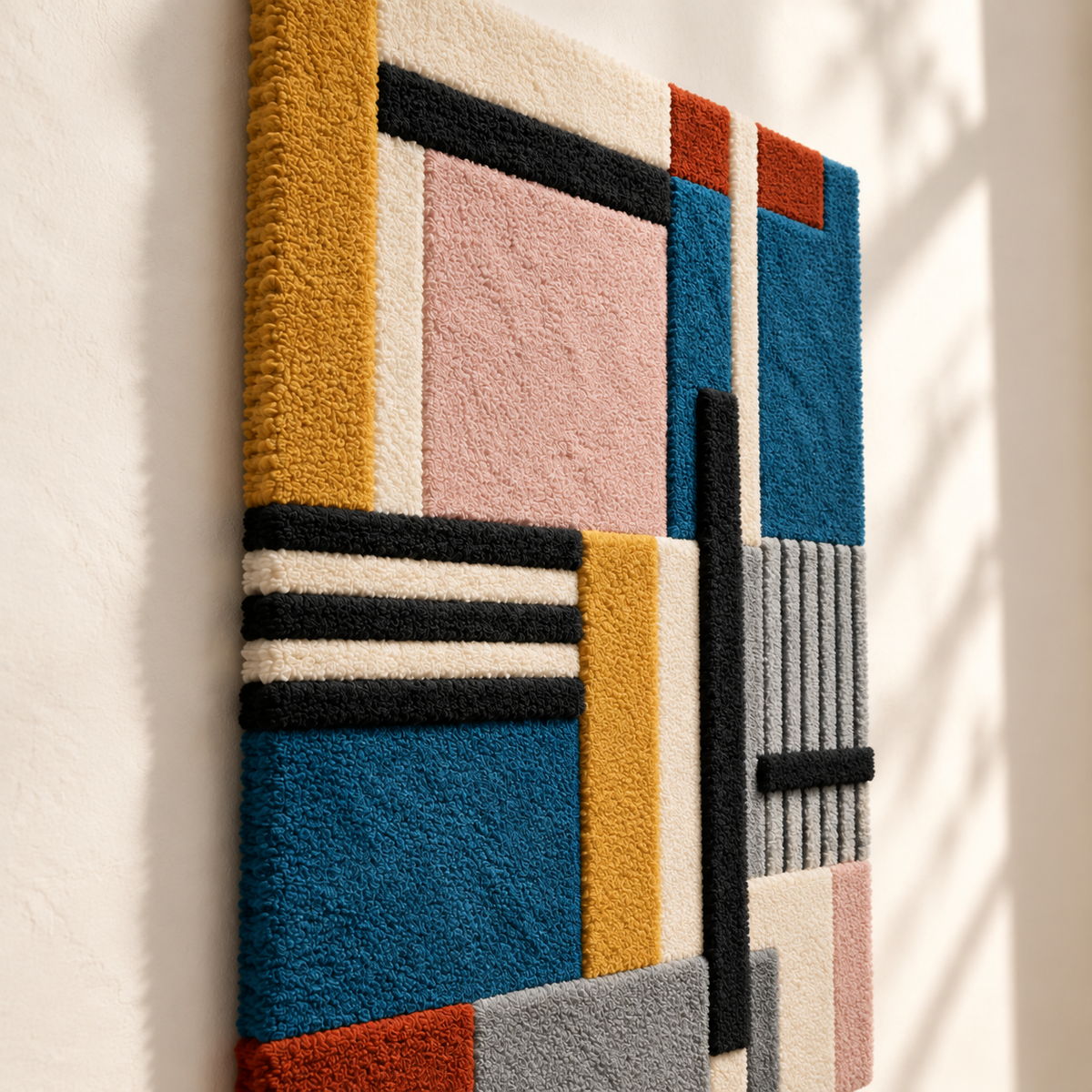 Hewn Earth Rose and Indigo Architectural Blocks wall art featuring geometric shapes and vibrant colors on a textured background.