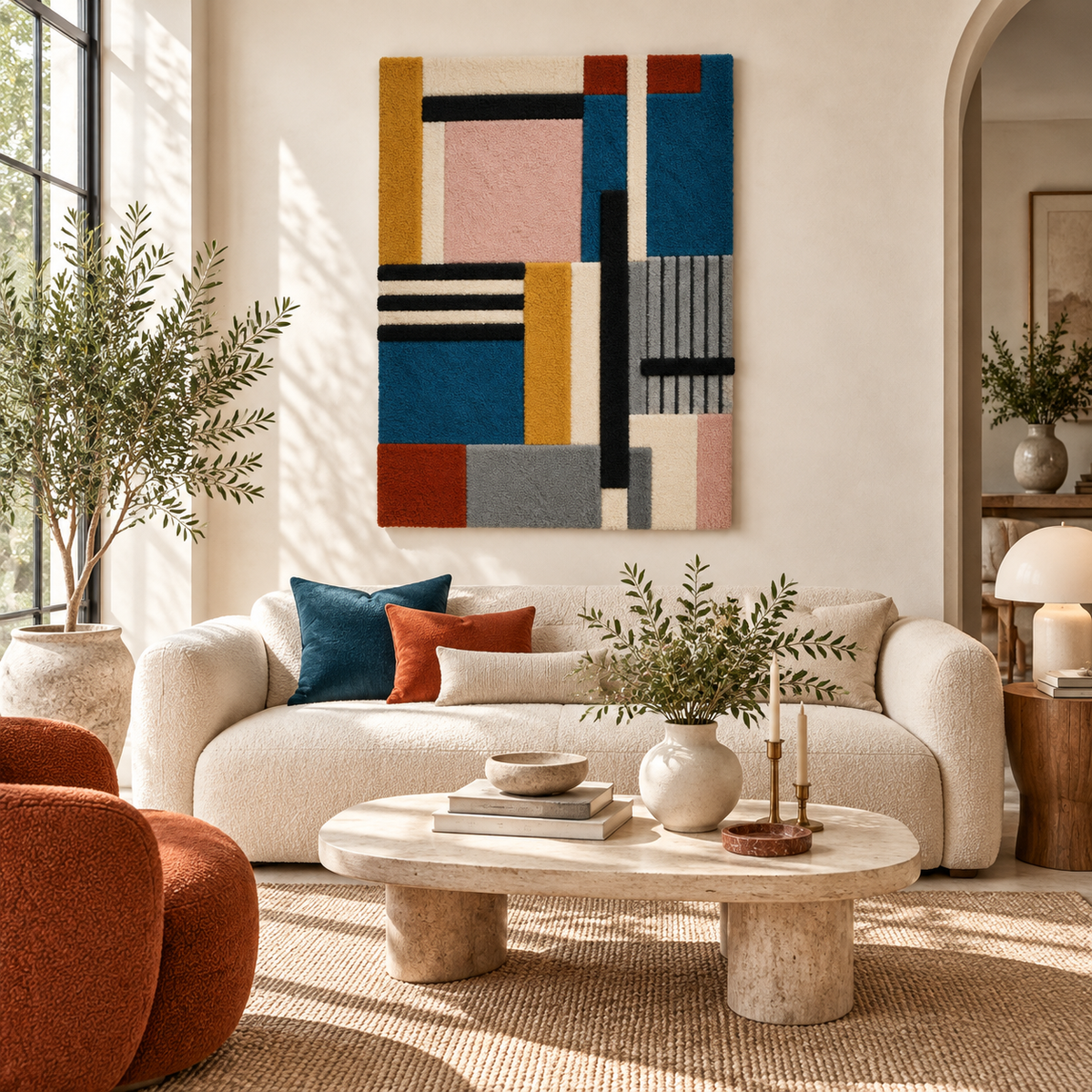 Hewn Earth Rose and Indigo Architectural Blocks wall art featuring geometric rose and indigo-colored shapes for modern decor.