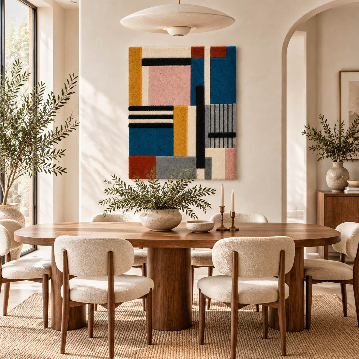 Hewn Earth rose and indigo architectural wall art blocks arranged on a modern room wall, showcasing geometric design and vibrant colors.