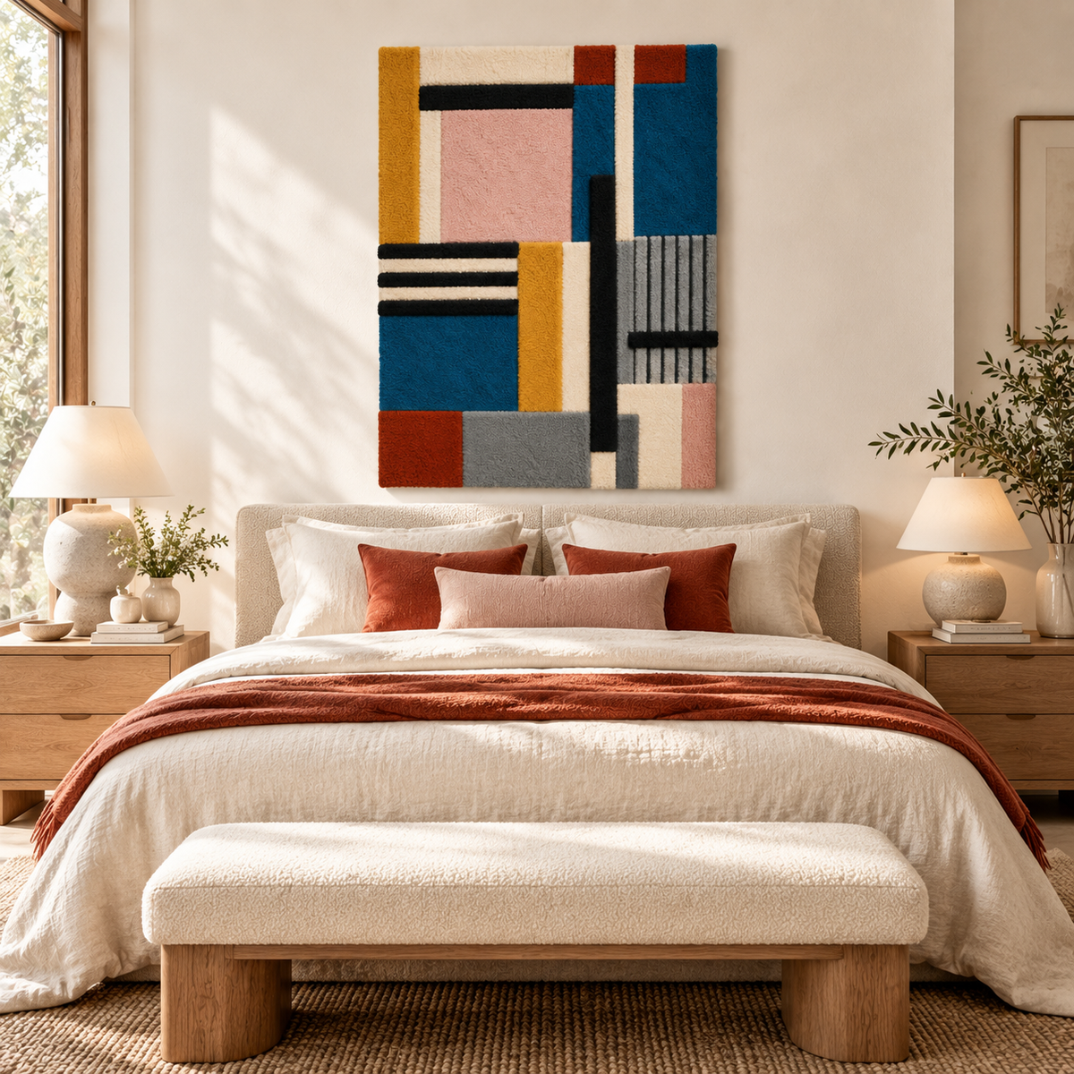 Hewn Earth rose and indigo architectural wall art with geometric blocks arranged in an artistic design on a room wall.