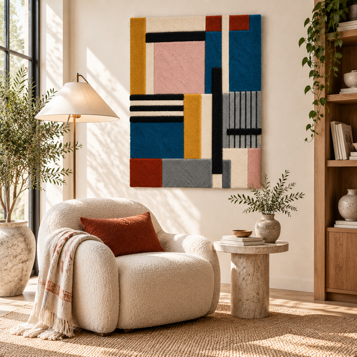 Hewn Earth rose and indigo architectural wall art blocks arranged on a room wall, showcasing modern geometric design.