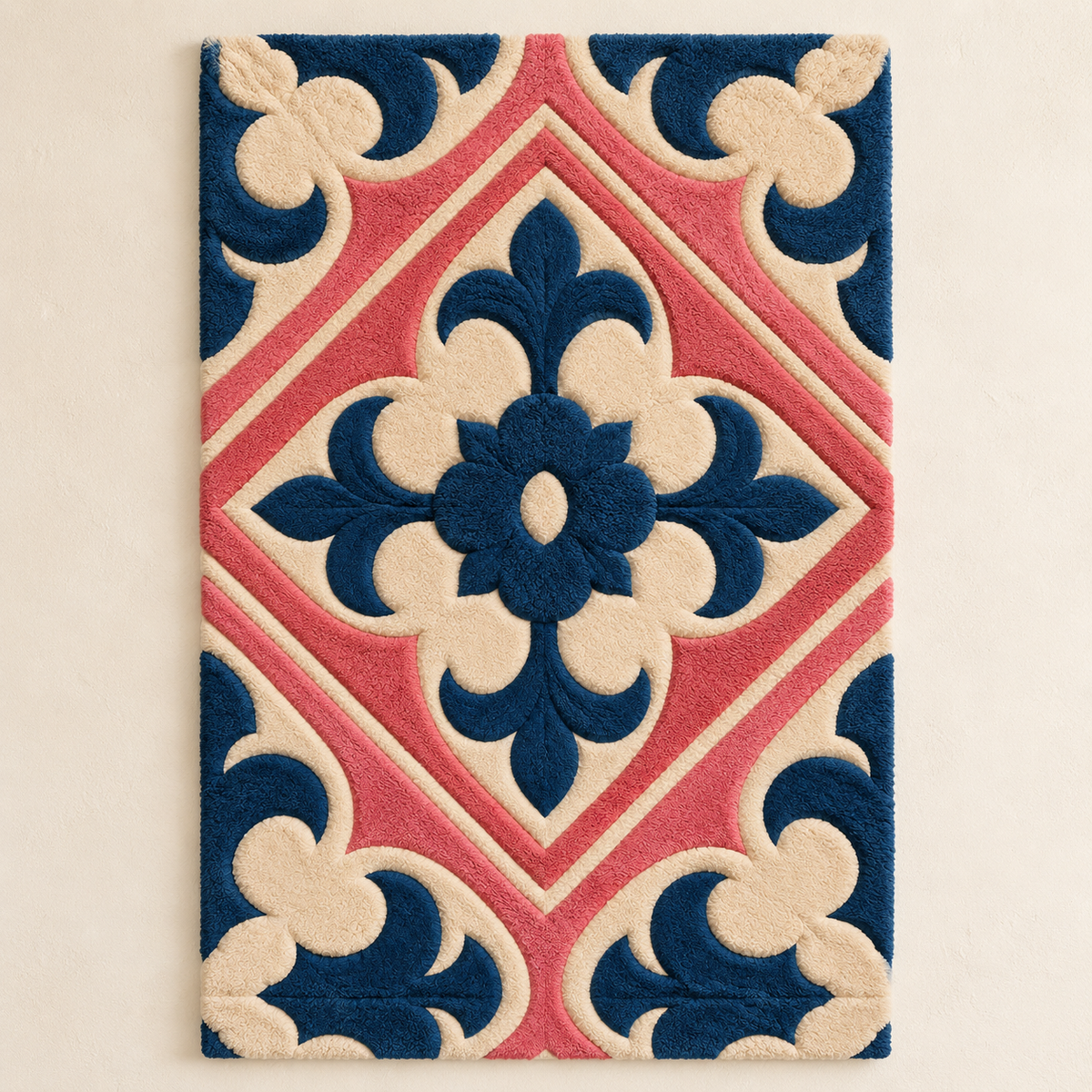 Hewn Earth wall art featuring a rose and navy tile bloom design, showcasing vibrant floral and geometric patterns on a light background.
