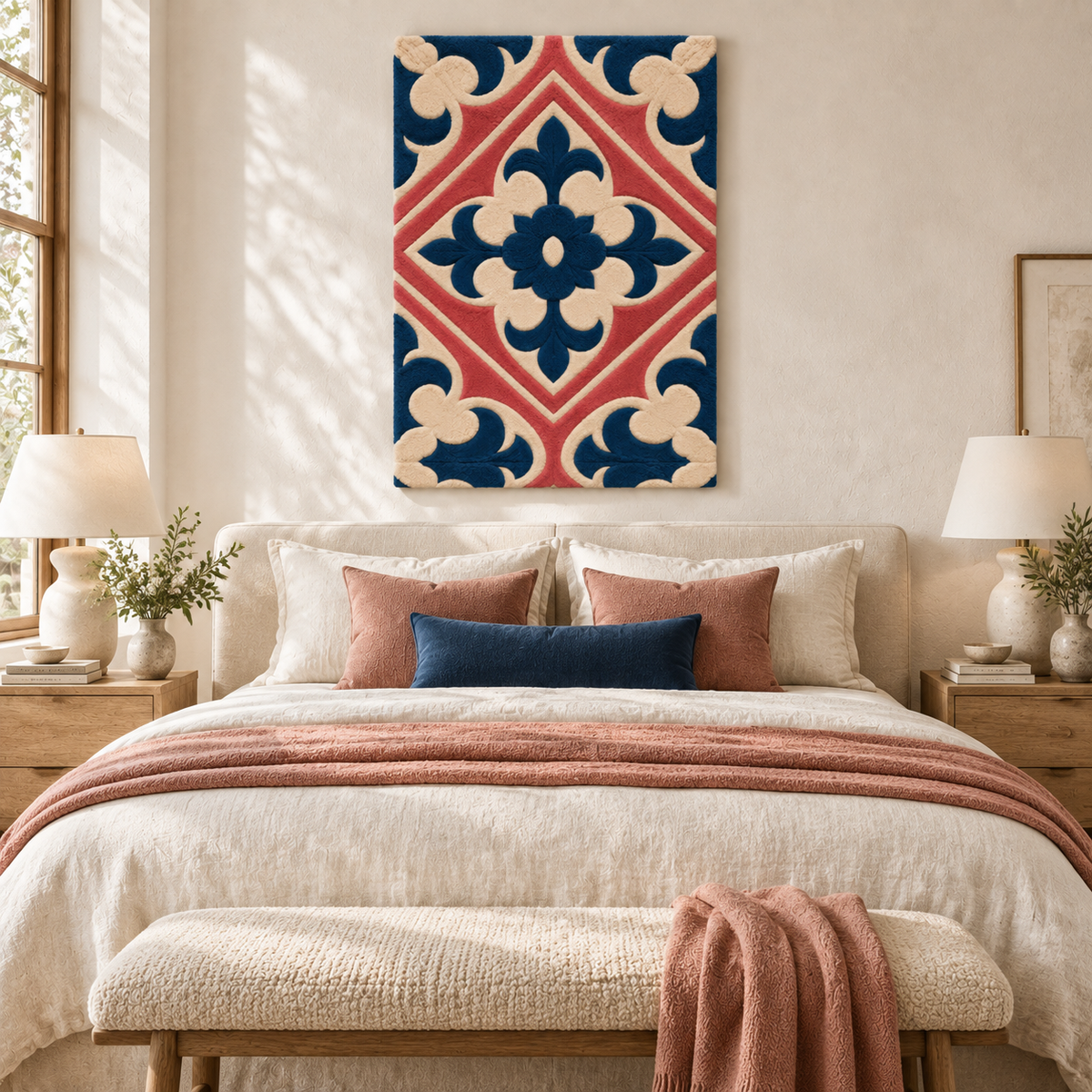 Hewn Earth Rose and Navy Tile Bloom wall art hanging on a room wall with a contemporary decor style.