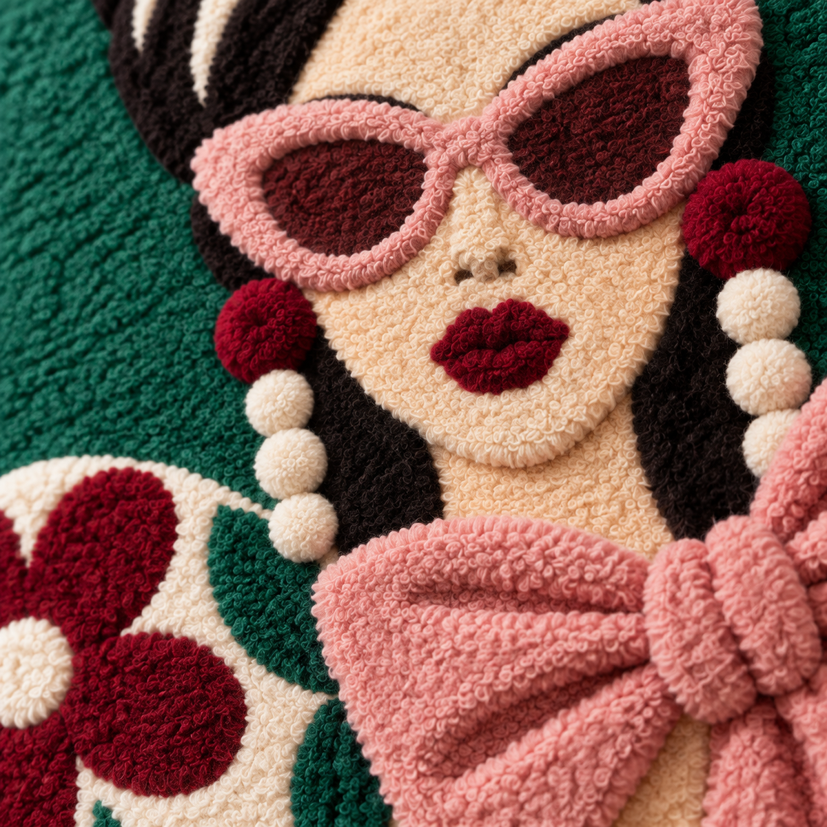 Rose Bow and Burgundy Blooms — tufted wool texture detail