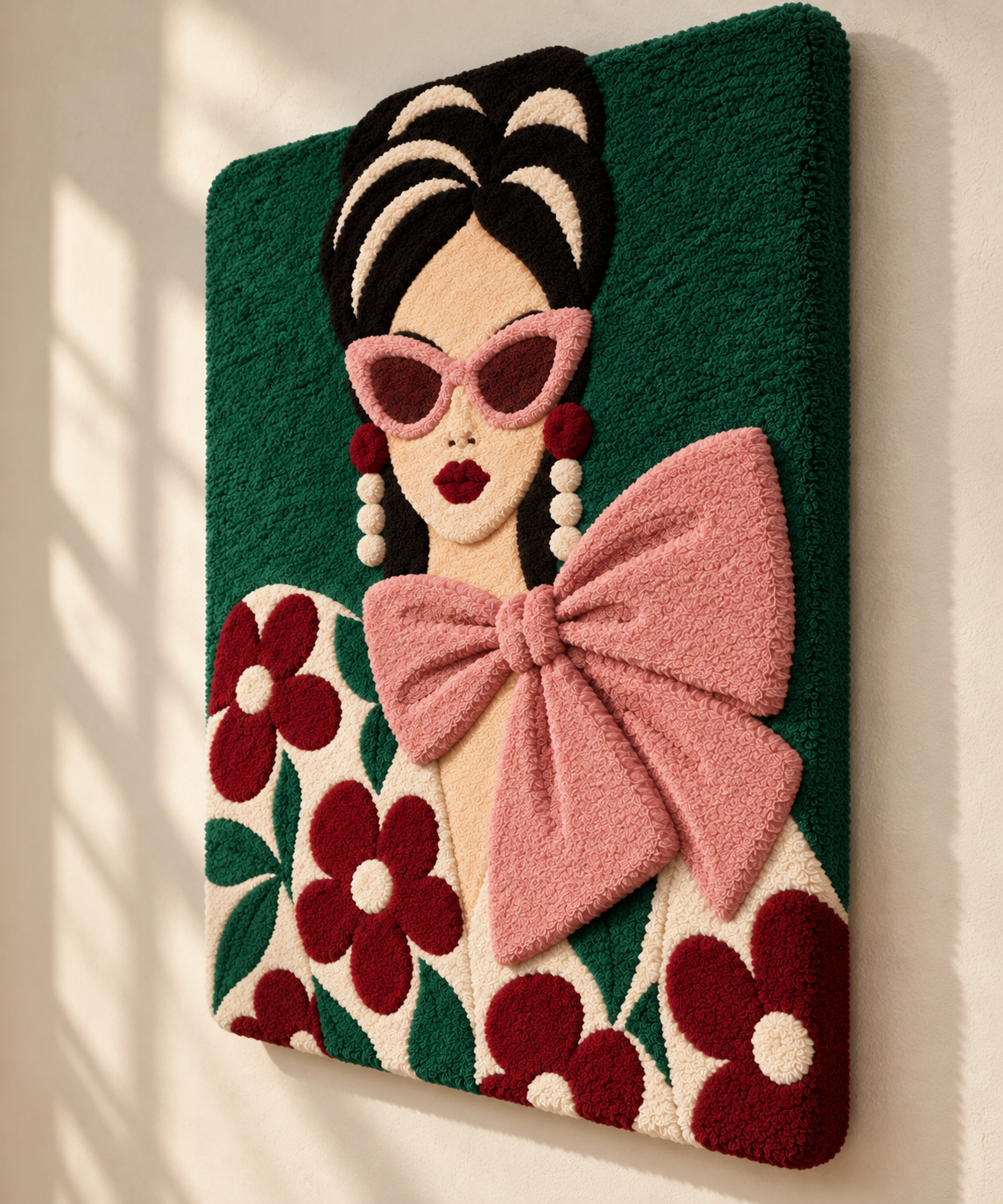 Rose Bow and Burgundy Blooms — angled relief view