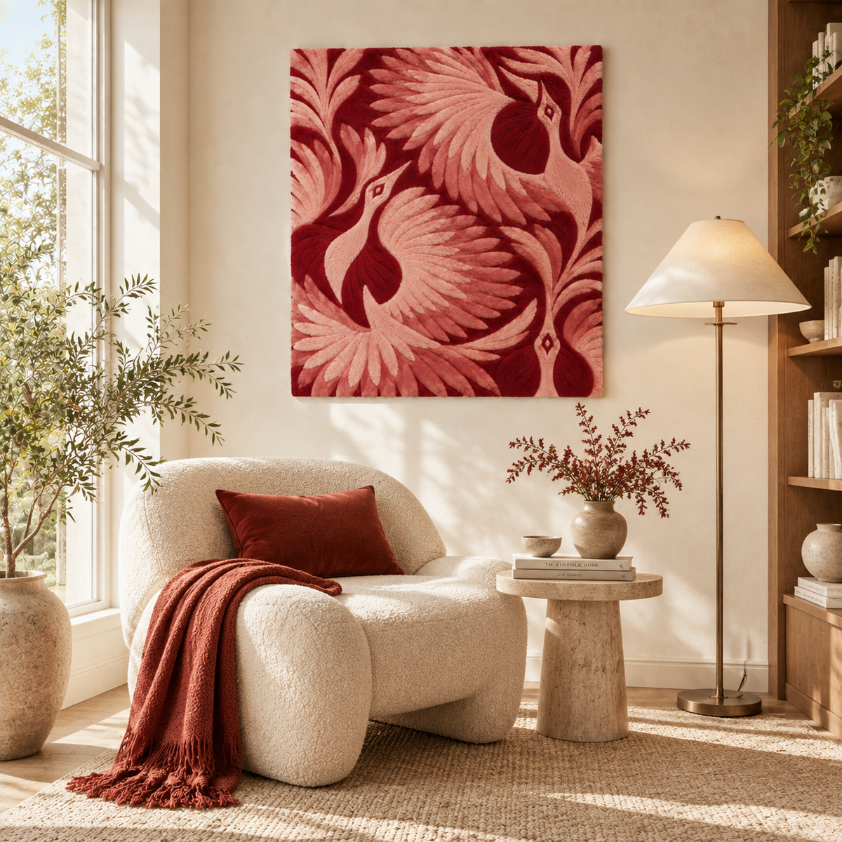 Hewn Earth Rose Feather Reverie wall art displayed in a room scene, featuring soft rose and feather motifs for elegant decor.